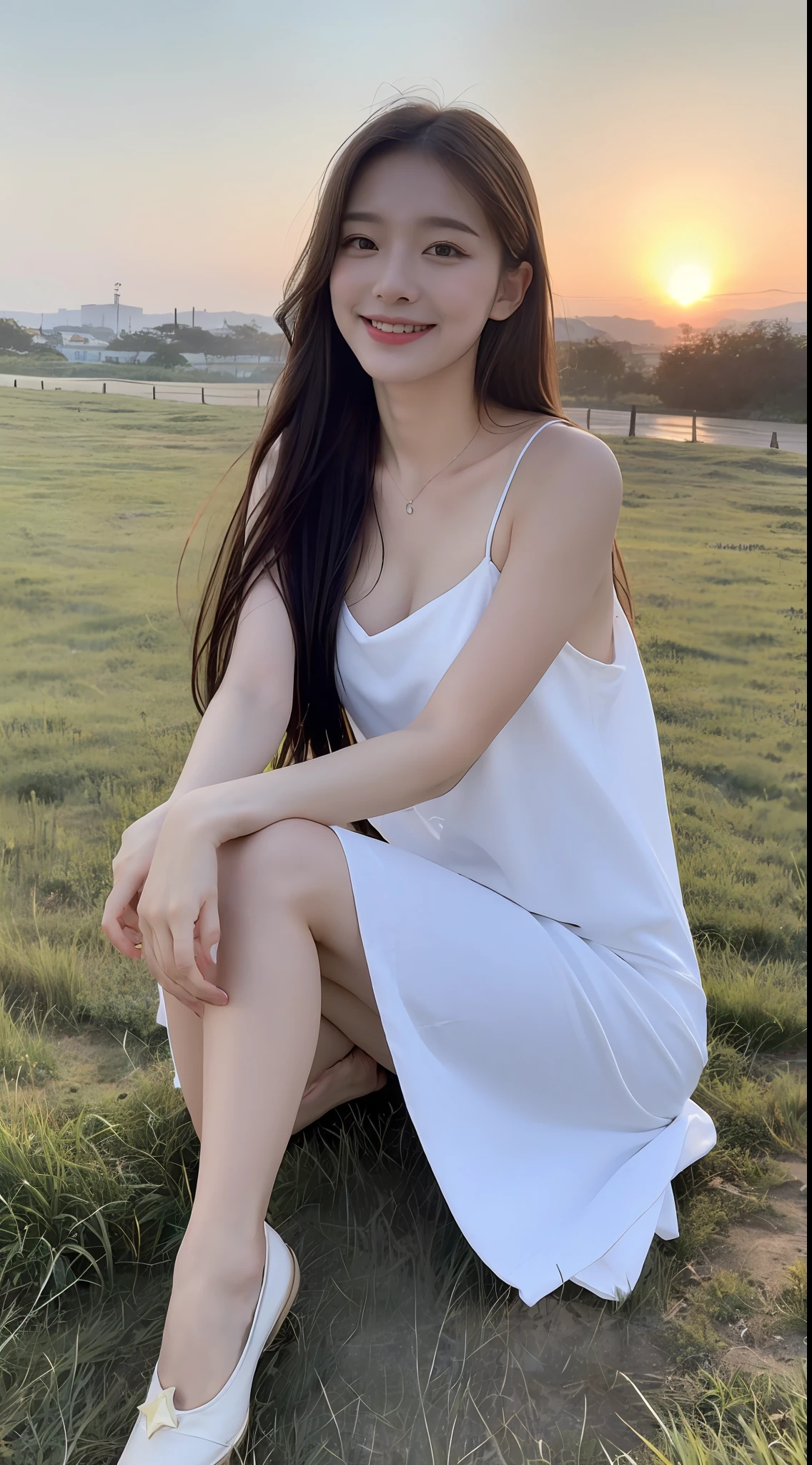 (1 Korean star with royal sister style), ((Best quality, 8K, 巨作: 1.3)), focal point: 1.2, Perfect body proportions: 1.4, (Make a smile), (Sunset: 1.3), Watery eyes, Highly Detailed Face and Skin Textur, Fine eyes, Double eyelids, Whitens the skin, (long whitr hair, Air bangs: 1.3), (Round face inches: 1.5)Full body photo of black silk long legs, (Slip dress 1.4), (Sketch 1:2,) (grassy fields,suns,clouds,Tano,farms,starlights,footpath)raining day