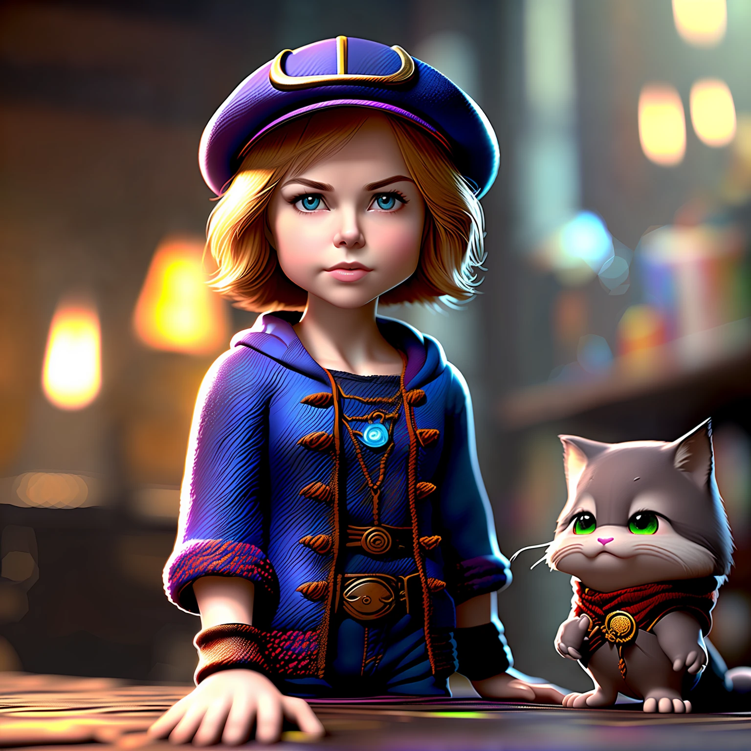 Necromancer, Shy miniature, Cute little Nicole Kidman, wear cap, 1girll, Solo,Disney artwork, illusory engine, cozy indoor lighting, art  stations, Detailed, Digital painting,Cinematic,character  design：Mark Reiden、Pixar and Hayao Miyazaki, Unreal 5, daz, Hyperrealistic, rendering by octane, Wear colorful clothes,