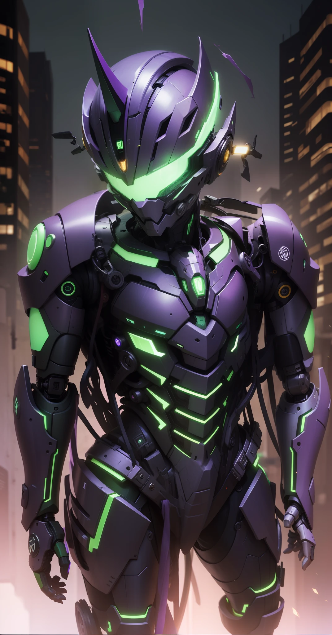 Purple and green staggered mechanical legs，Highest quality，hyper-detailing