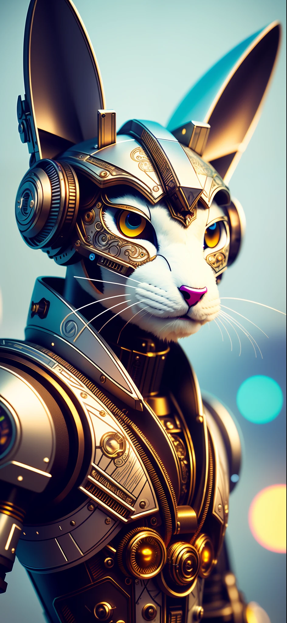 Close up, A furry white rabbit made of metal, Cyborg, Cyberpunk Style, Clockwork, ((Intricate details)), hdr, ((Intricate details, ultra - detailed)), cinema shot, Vignette, Bokeh effect Baker ground