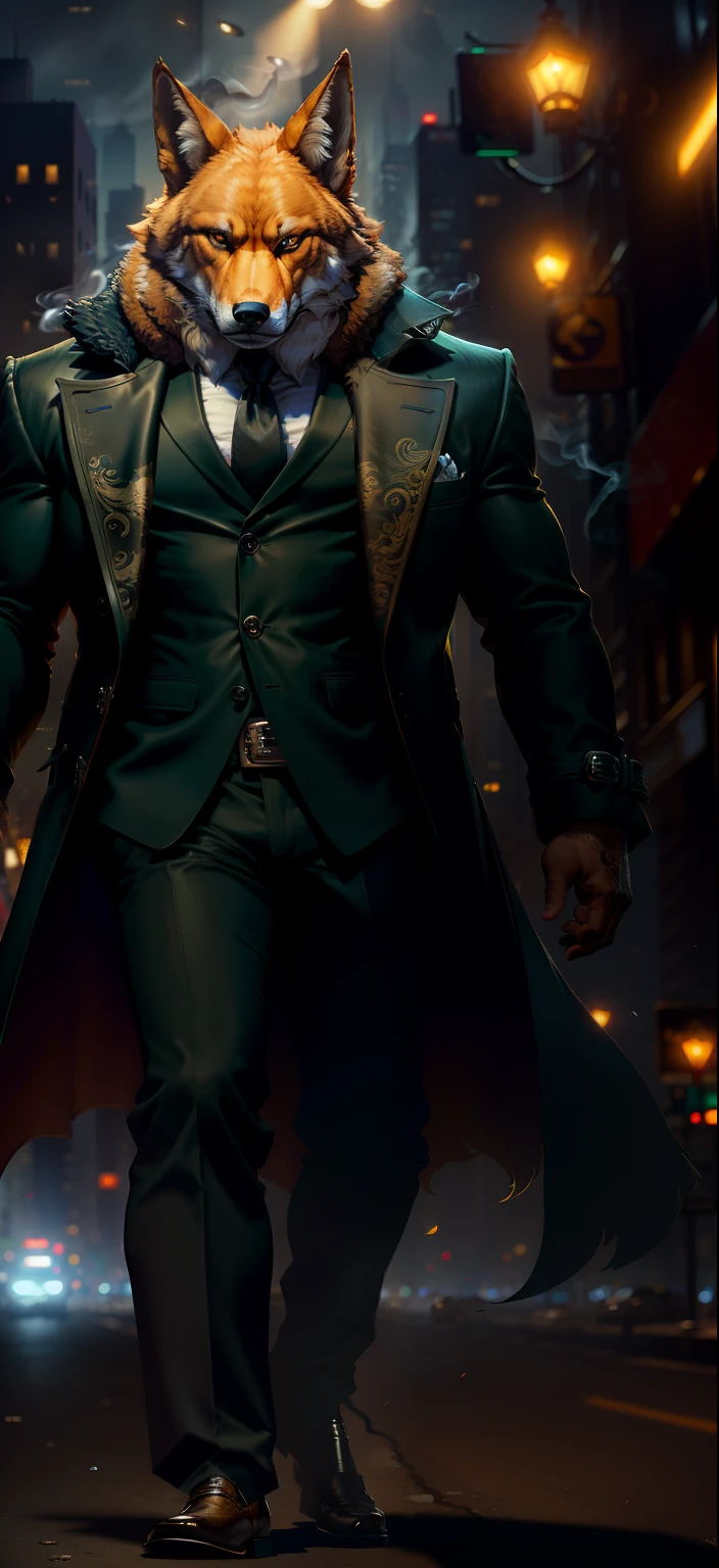 Masterpiece, (Ultra detailed), (Animal anthropomorphism), Gangster theme, coyote, Handsome, Trench coat, Dim lights, Smoke, black shadows, Corrupt cityscape, Highest quality, Single focus, (skimming: 1.1), Muscle Man, full body, Intricate (High detail: 1.1) illusory engine.