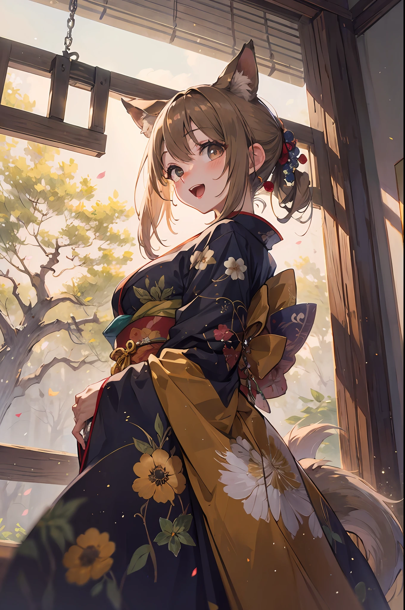 depth of field, perfect lighting, light particles,(best quality),(masterpiece),(ultra detailed),sharp focus,light particles, niji, eyesgod, blush, brown_eyes, looking_at_viewer, smile, solo, furry, animal_ear_fluff, open_clothes, arms behind back, upper body, tail, kimono, japanese clothes, sunlight, tree, open mouth, from below, arms behind back, --auto