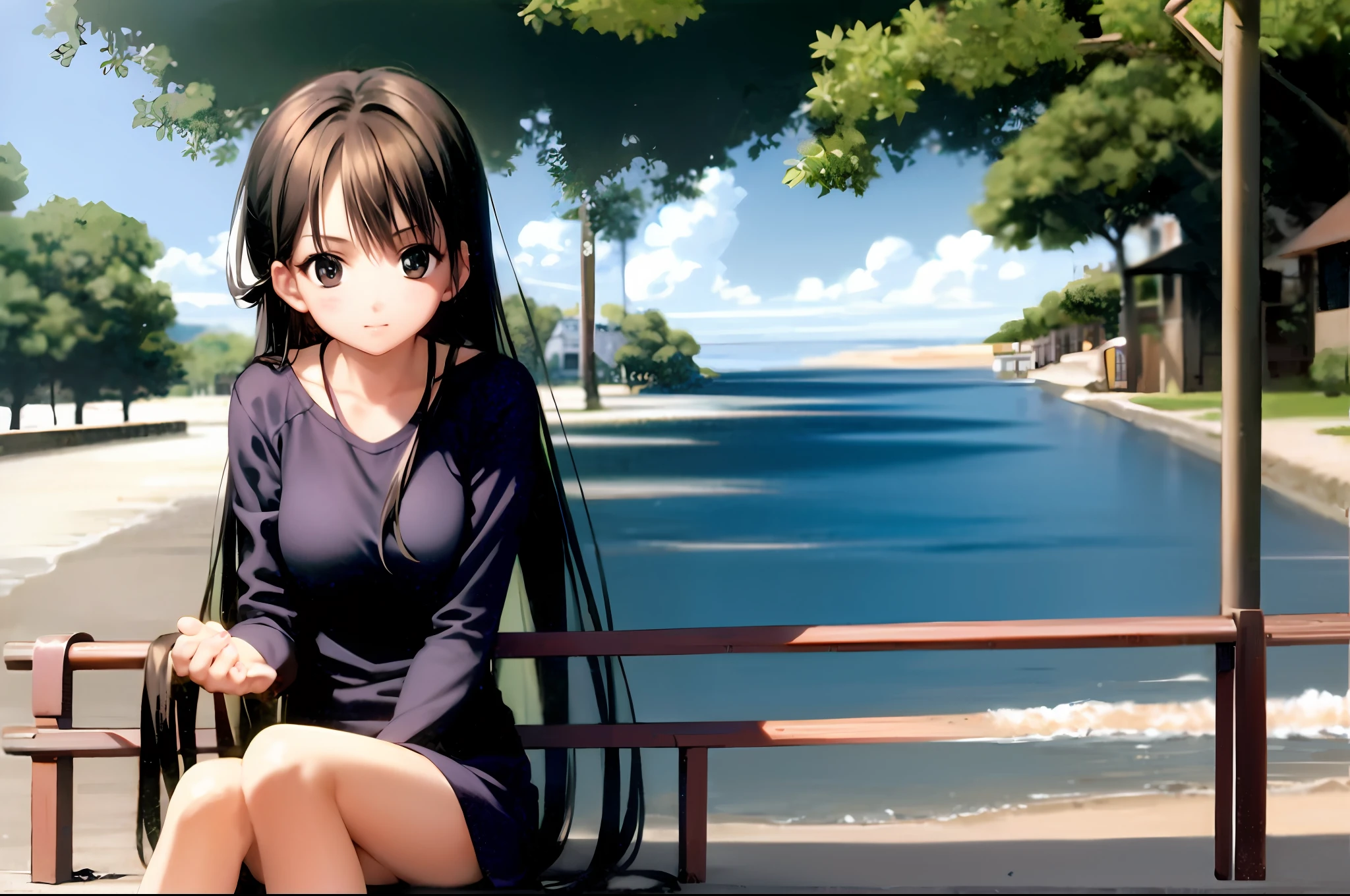 Doomsday ruins background,White-haired girl,Sit on the steps next to the beach,Hold the ground with your left hand and shade the sun with your right hand,