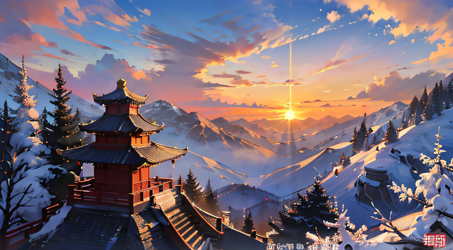 (the setting sun, King Teng's Pavilion:1.2), Brilliant, Resplendent，High mountains，Qushui smooth，Independent royal city，Beautiful scenery of Caixia，Mountains and peaks, Secluded and deep, Heirloom attractions, Stunning views。