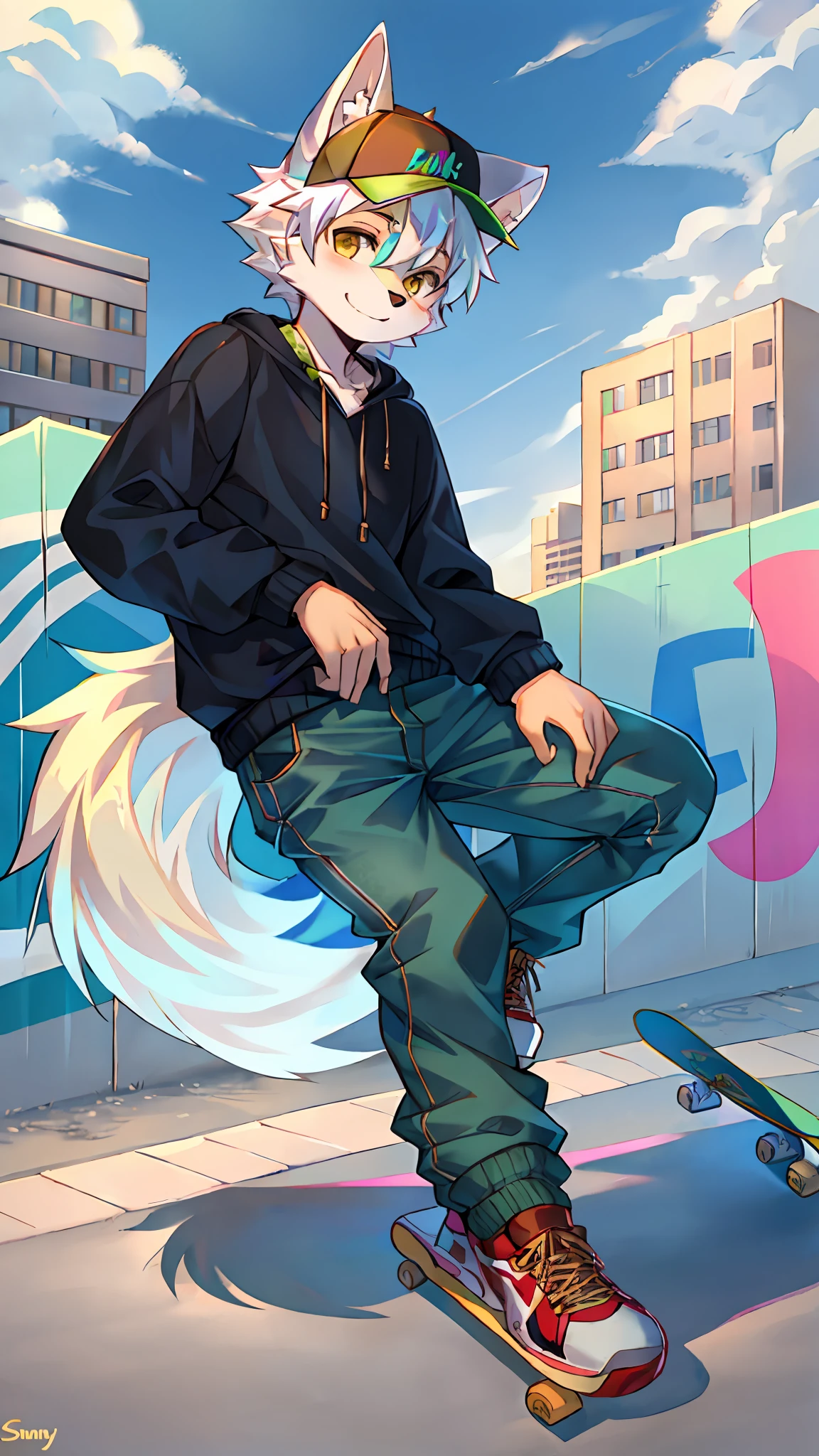 White wolf,Green patterned ears and arms,Handsome model,独奏,solo person,Beige short-sleeved sweatshirt,denim pant,High-tops,Wearing a baseball cap,Step on the skateboard,Grabbed by the hair,outside,Sunnyday,There are colorful graffiti on the skateboard