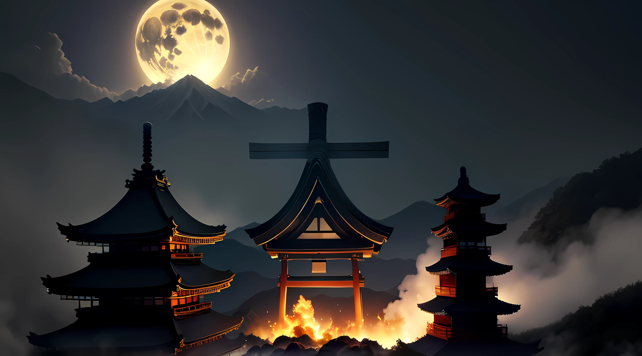 kyoto、Arashiyama、Written in large letters on the mountain、BREAK, Kanji for Japanese, japanese text kanji, title kanji, Kanji notation Symbols of the Empire, Burn large letters、BREAK, natta、starrysky、stele、Polaris、mont、The tree、clouds、fullmoon、fumo、Fantastical、a magical world、