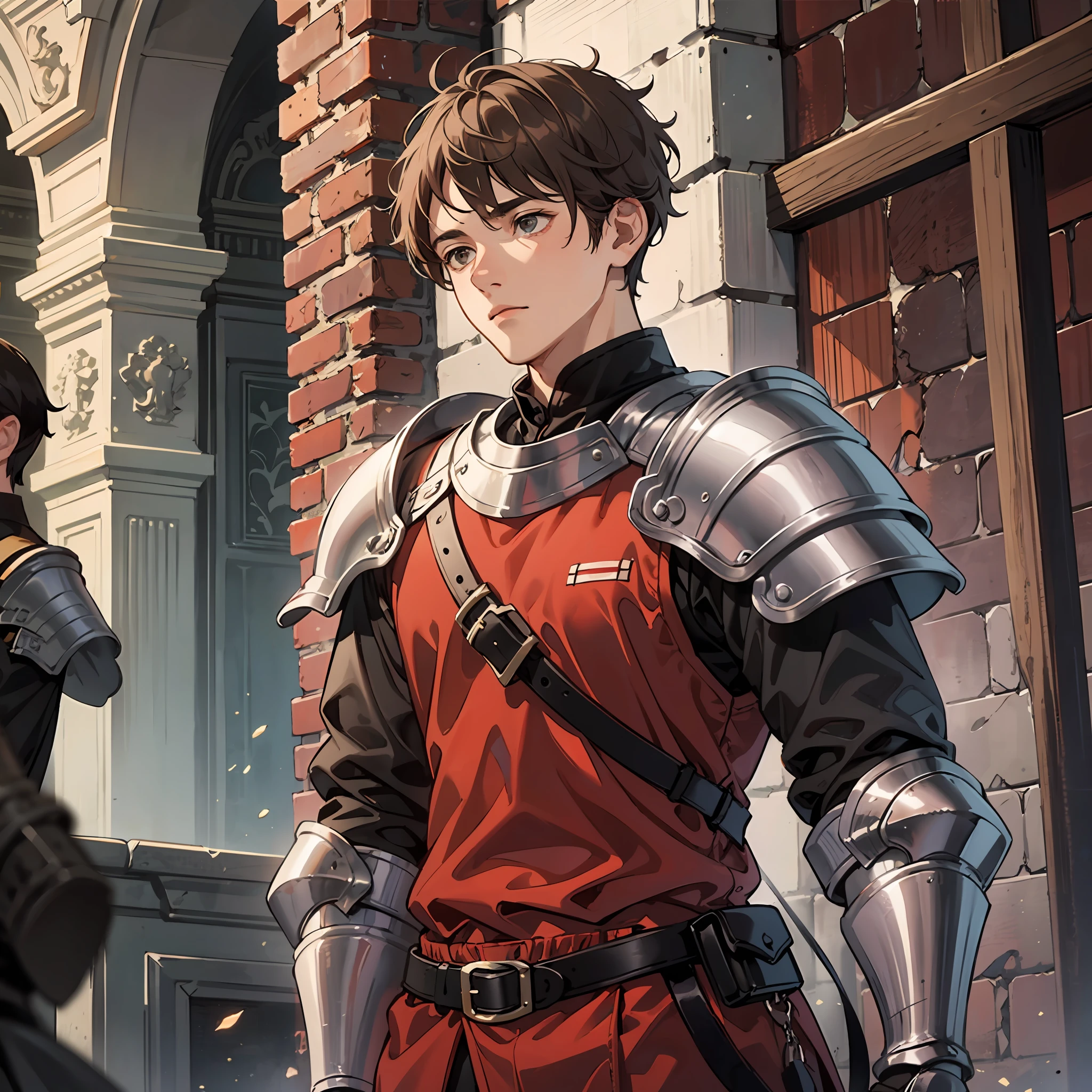 a -yeld te1 boy, brown short hair, brown short hair parted in the middle, man's short hair, without a beard, without a goatee, no facial hair, silver and red colored medieval knight armor, red clothes, war, battlefield