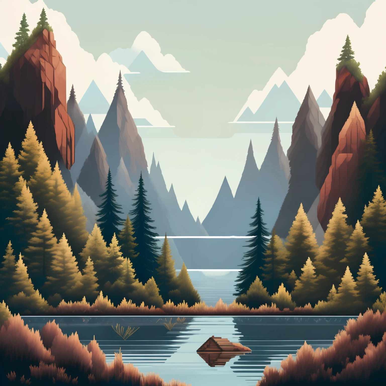 pixelart photorealistic stylized A photo of a peaceful lake with a wooden dock, a distant mountain range, and blooming wildflowers.