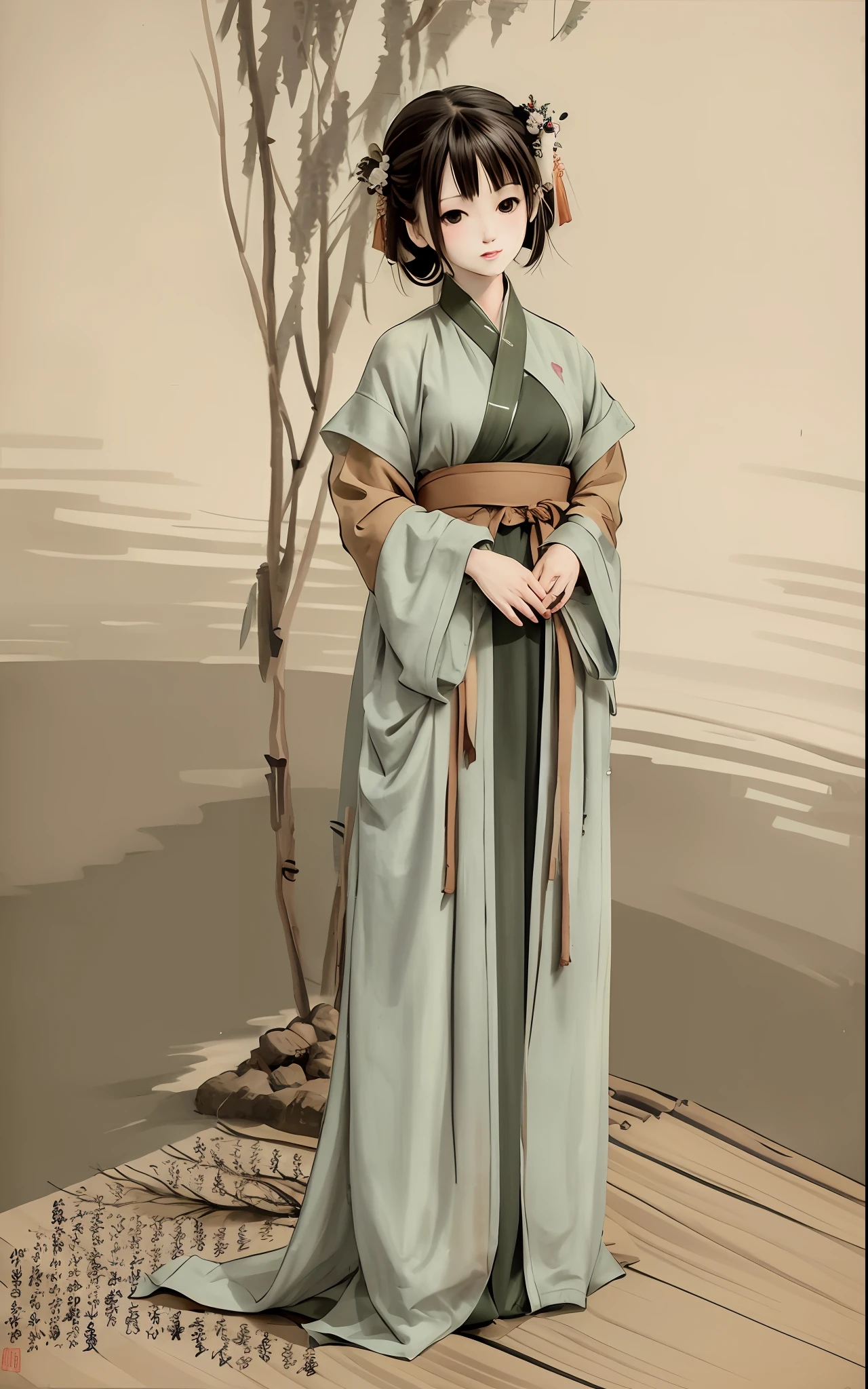 shukezouma, Negative space, , shuimobysim , Portrait of a woman standing , Willow branches, (Masterpiece, Best quality:1.2), Traditional Chinese Ink Painting, ModelShoot style, Peaceful, (Smile), view the viewer, wearing long hanfu, Hanfu, Song, Willow tree in background, wuchangshuo,Full body like,