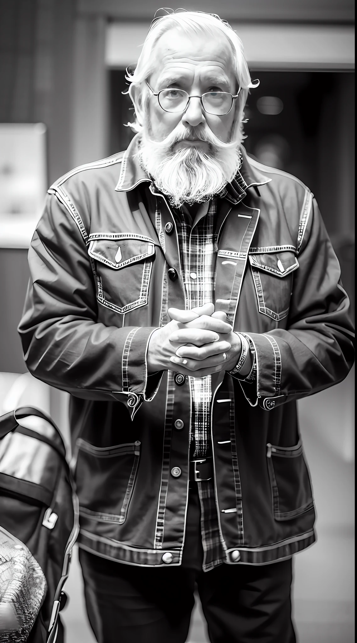 An old man with a very long beard, in black and white, Looking towards the camera, holding his own hands, photographed with a lens. Sony Alpha a9 II and Sony FE 200-600mm f/5.6-6.3 G OSS, natural light, hyper-realistic, ultra-detailed photography –ar 9:16 –q 2 –s 750 –raw style, cinematic style.