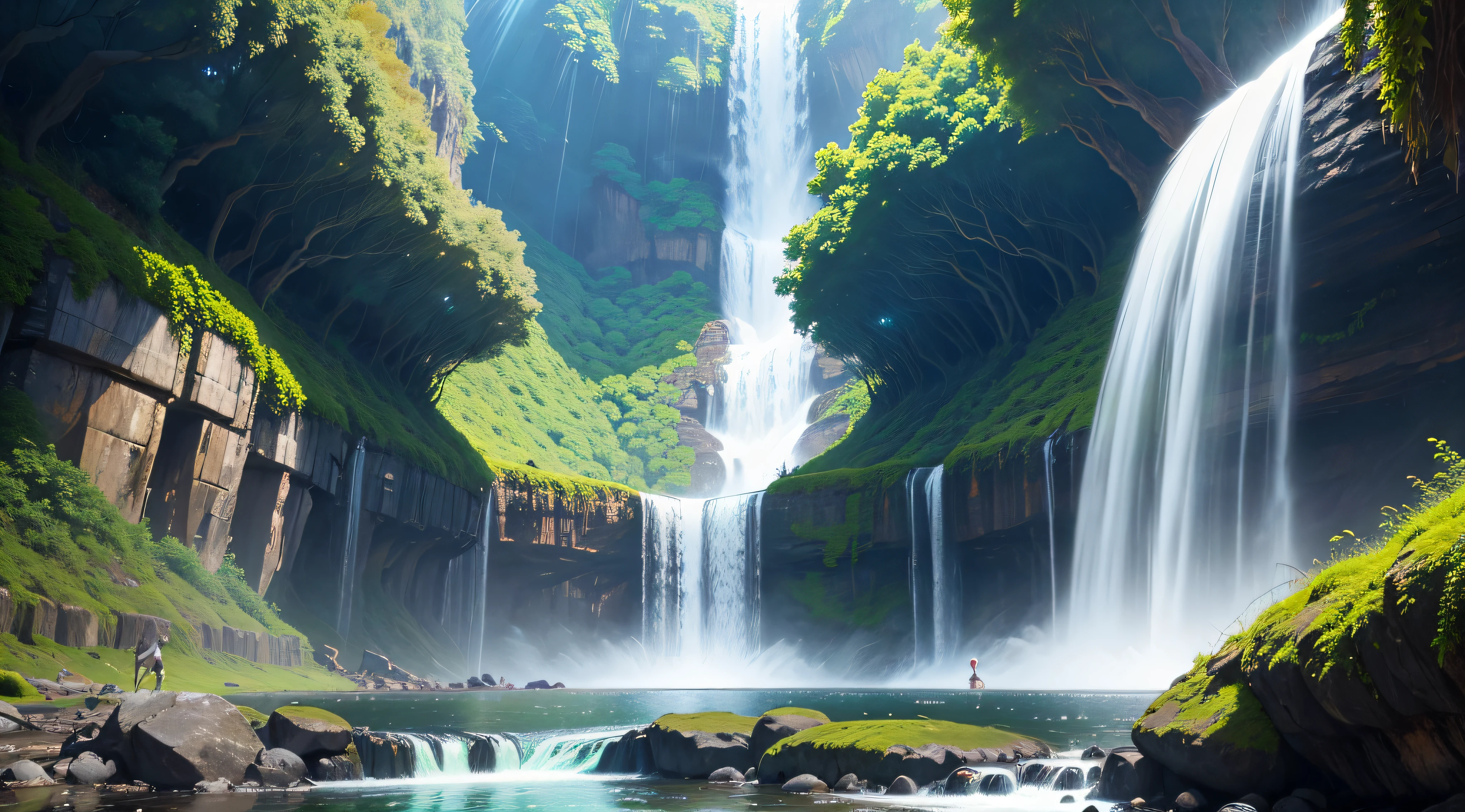 There is a forest next to the waterfall,There is a rainbow on the waterfall,There are several small birds on it --auto
