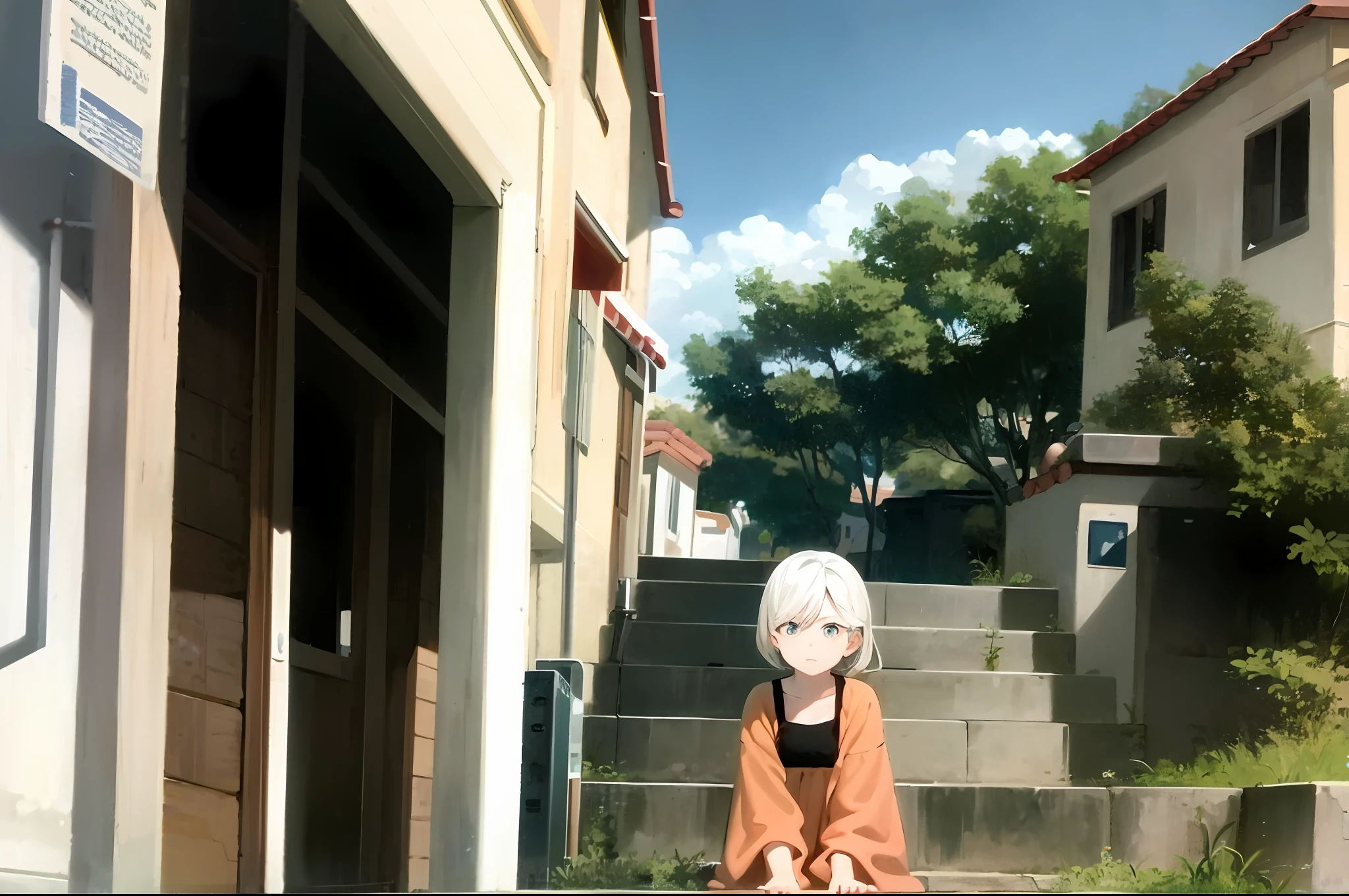 Doomsday ruins background,White-haired girl,Sit on the steps next to the beach,Hold the ground with your left hand and shade the sun with your right hand,