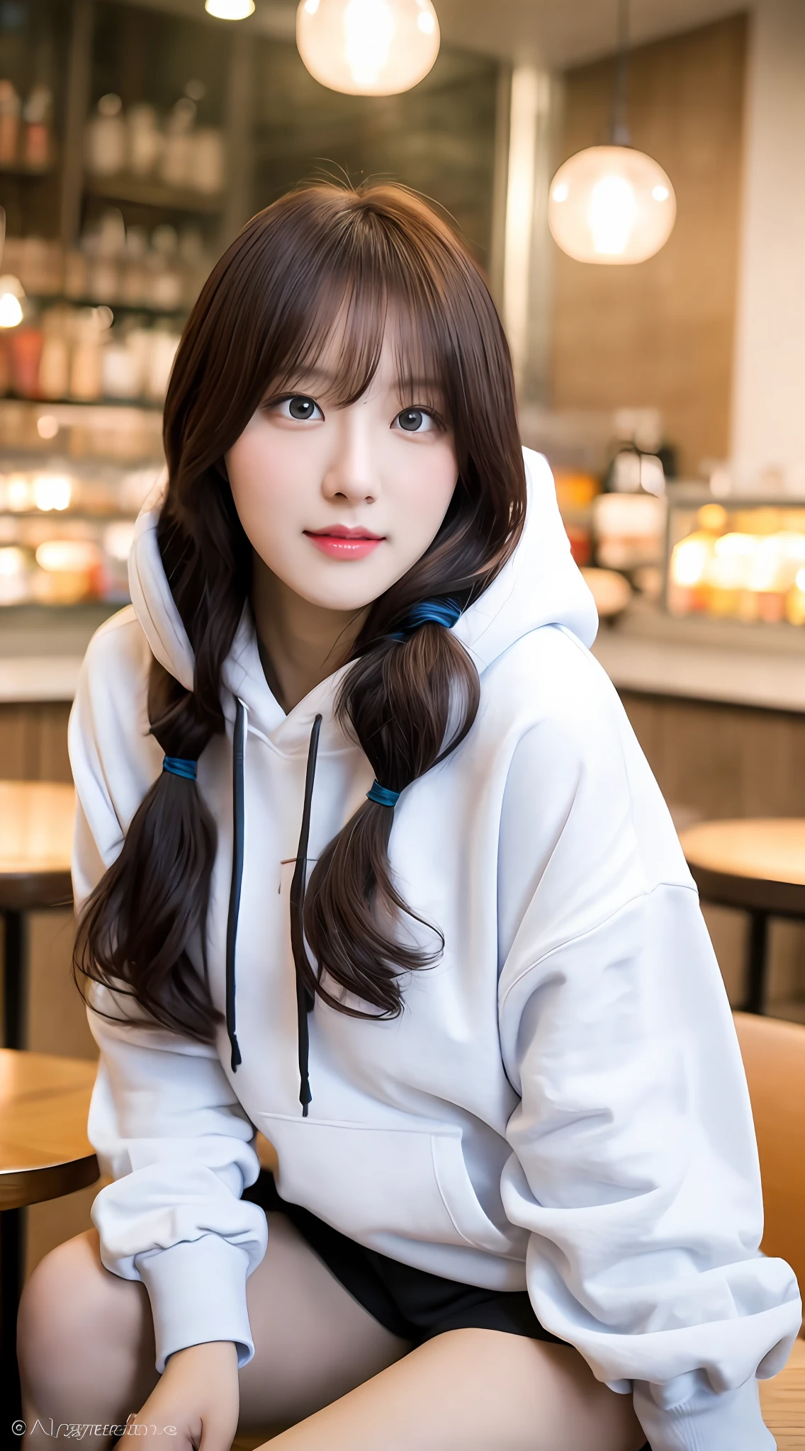 (8K, RAW photo, Best quality, tmasterpiece), (Realistic, photo-realistic:1.2), Ultra detailed, 1 girl, Cute, Solo, Beautiful detailed sky, Detailed Cafe, Night, Sitting, dated, Dosage blush, Closed mouth，美丽细致的眼睛，Wear a white hoodie，White dolphin shorts，Medium build，floated hair，Pick and dye long blue hair，Girl，Feminine，a pink eyes，Ultra-fine details，Complex scenes，ambient lights，softlighting，ellegance，Symmetrical facial features，Accurate anatomy，Anatomically correct girl，scenecy，gossamer，aethereal，full bodyesbian，pony tails，gentleness，balmy，akechi，huge tit，