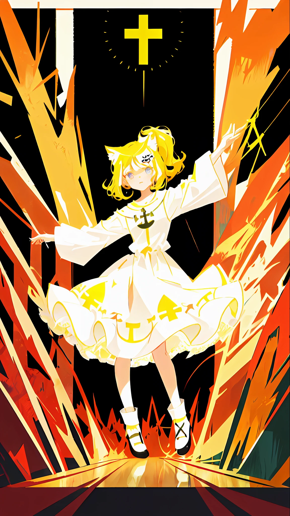 animal poster, flat illustration, vector art, cute cat girl dancing a waltz in a white dress at a church, with a cross, sparkling big eyes, perspective, vivid color,