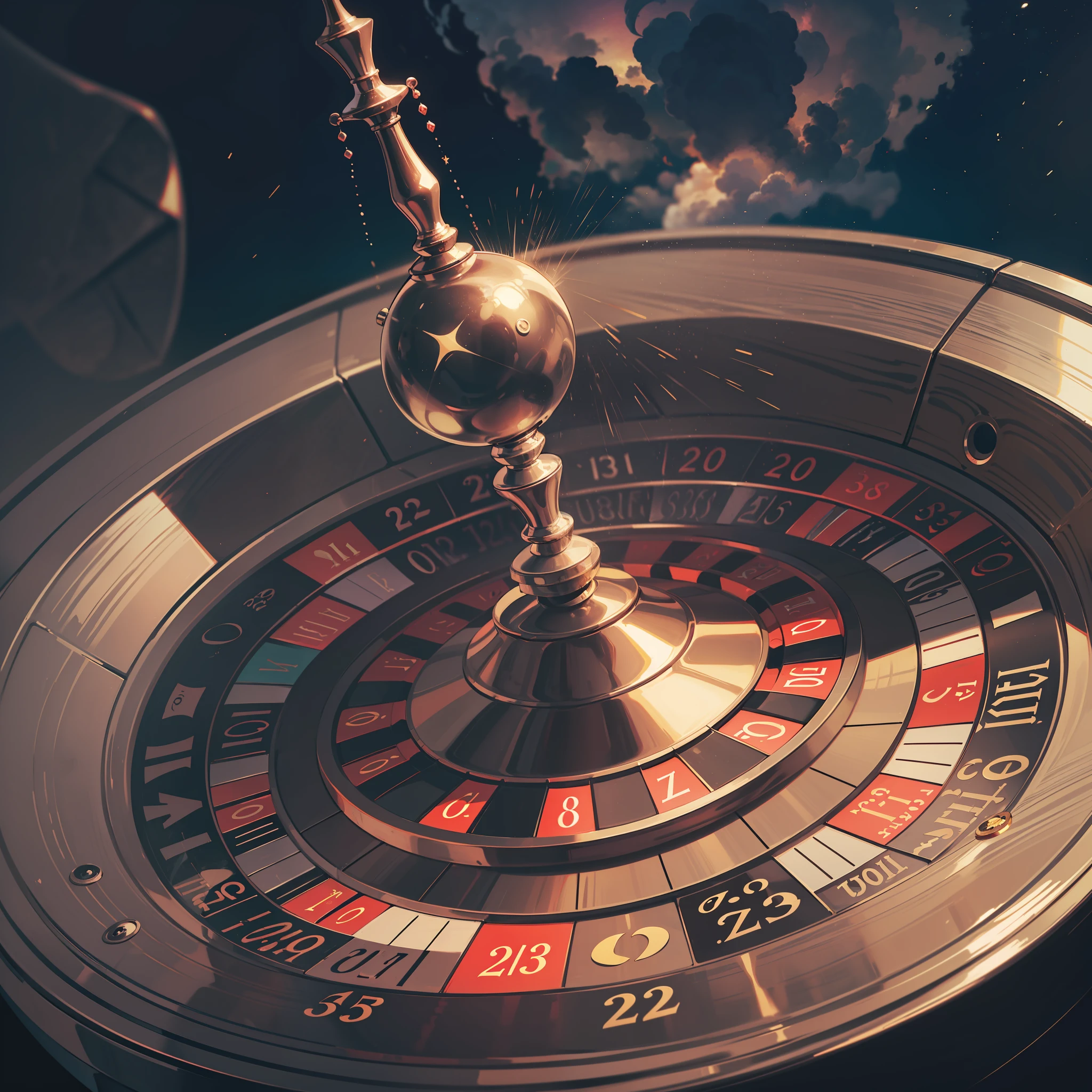 (Doomsday, doomsday scenario)
(There's a giant virtual roulette wheel in the sky)
(The roulette wheel is divided into seven zones)
(A roulette wheel has a pointer)
(Quick rotation)