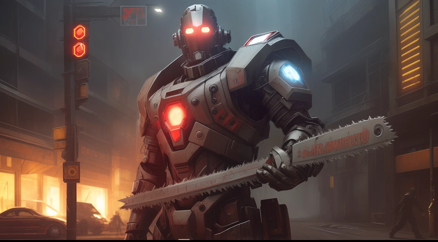 Dark_Fantasy,Cyberpunk,(chain saw,chain saw man,Red:1.1),1man,Mechanical marvel,Robotic presence,Cybernetic guardian, wearing a worn-out mech suit, intricate, (steel metal [rusty]), elegant, clear focus, shot by greg rutkowski, soft lighting, vibrant colors, masterpiece, ((street)), cowboy shot, dynamic pose, --auto