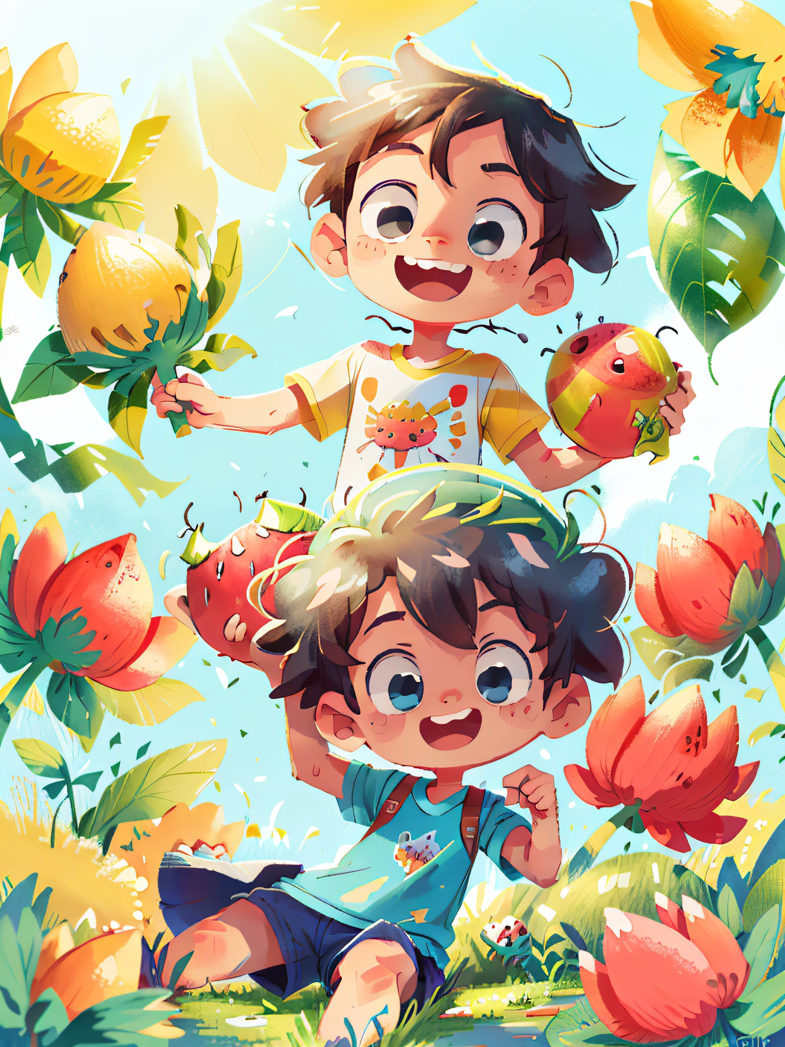 Bright summer,The boy happily holds the watermelon,cheerfulness,The background is a verdant lake and a savannah,Blue sky,Perfect quality,Clear focus,Extremely colorful,Perfect cute face,Complicated details,ultra-low perspective,wide wide shot