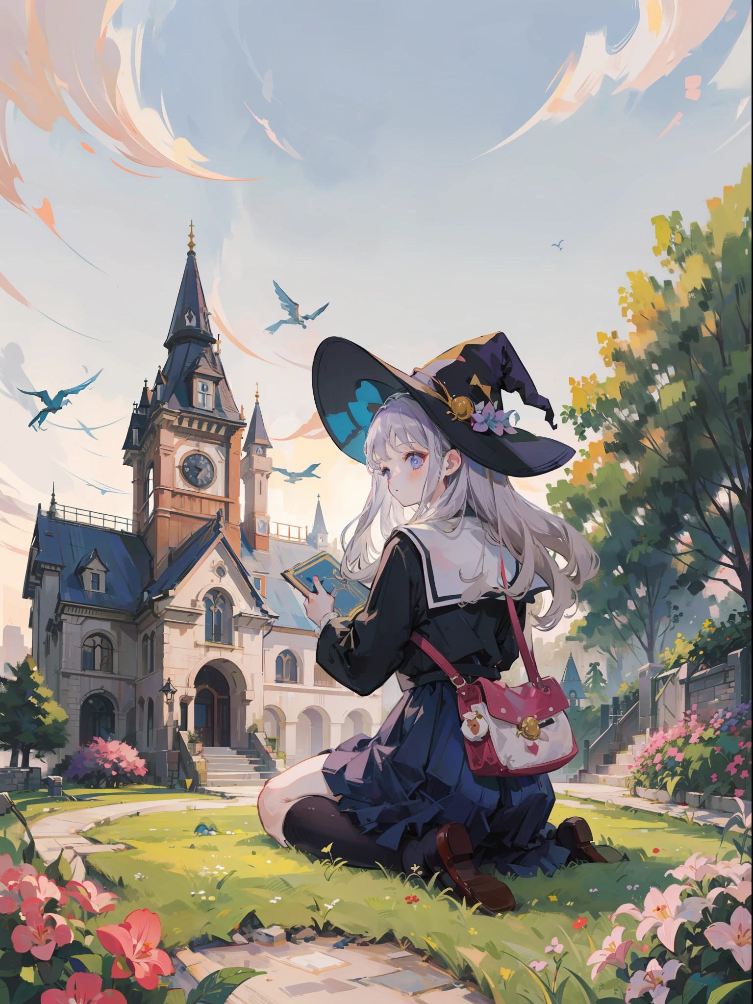 Witch's school garden with a high tower。A wizard girl about 18 years old is looking back。I have a spellbook in my hand。composition seen from below。Lilac wavy hair。Beautiful witch school uniform with frills。Big witch's hat。overknee socks。A brick road leads to a magical brick school building。Near and far law。blue open sky。Dynamic composition with depth。Extremely high quality、high-level image quality、Extremely delicate drawing。Rarely seen workmanship
