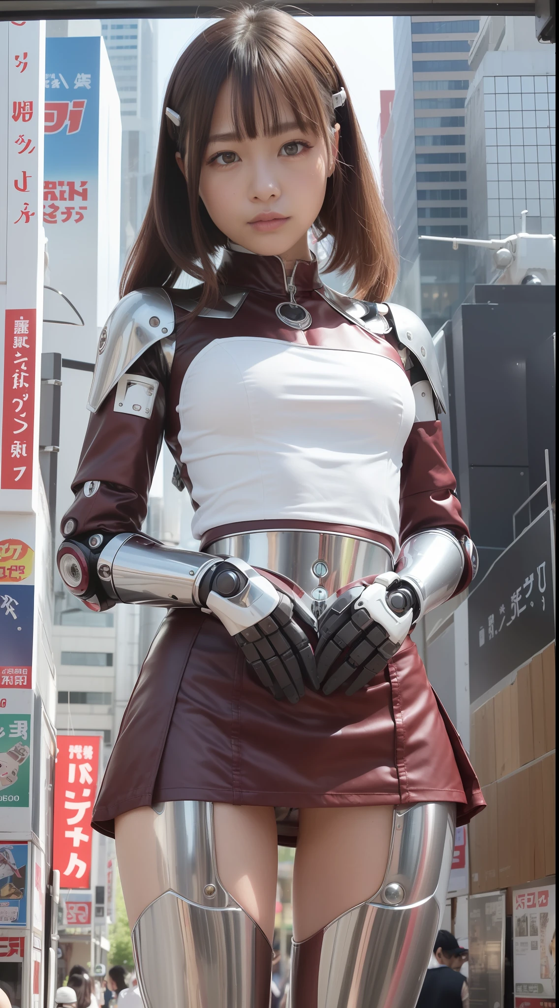 (Photorealsitic:1.4)、Onegirl、(top-quality),(hyperdetailed face)、(Super well-formed face)、((Robot Parts))、(Cyborg girl)、(Silver)、(Burgundy)、(metalic)、(fullllbody)、(Moe Pose)、(Slender body)、(tits out)、(Model body type)、(mecha exposure)、(akihabara)、(is looking at the camera)、(A dark-haired)、(９Head and body)、(a small face)、(Idol)、(front facing)、(is standing)、(Photo session)、(Looks sad)、(Cyborg girl in stage costume)、(sleeve less)、(a miniskirt)