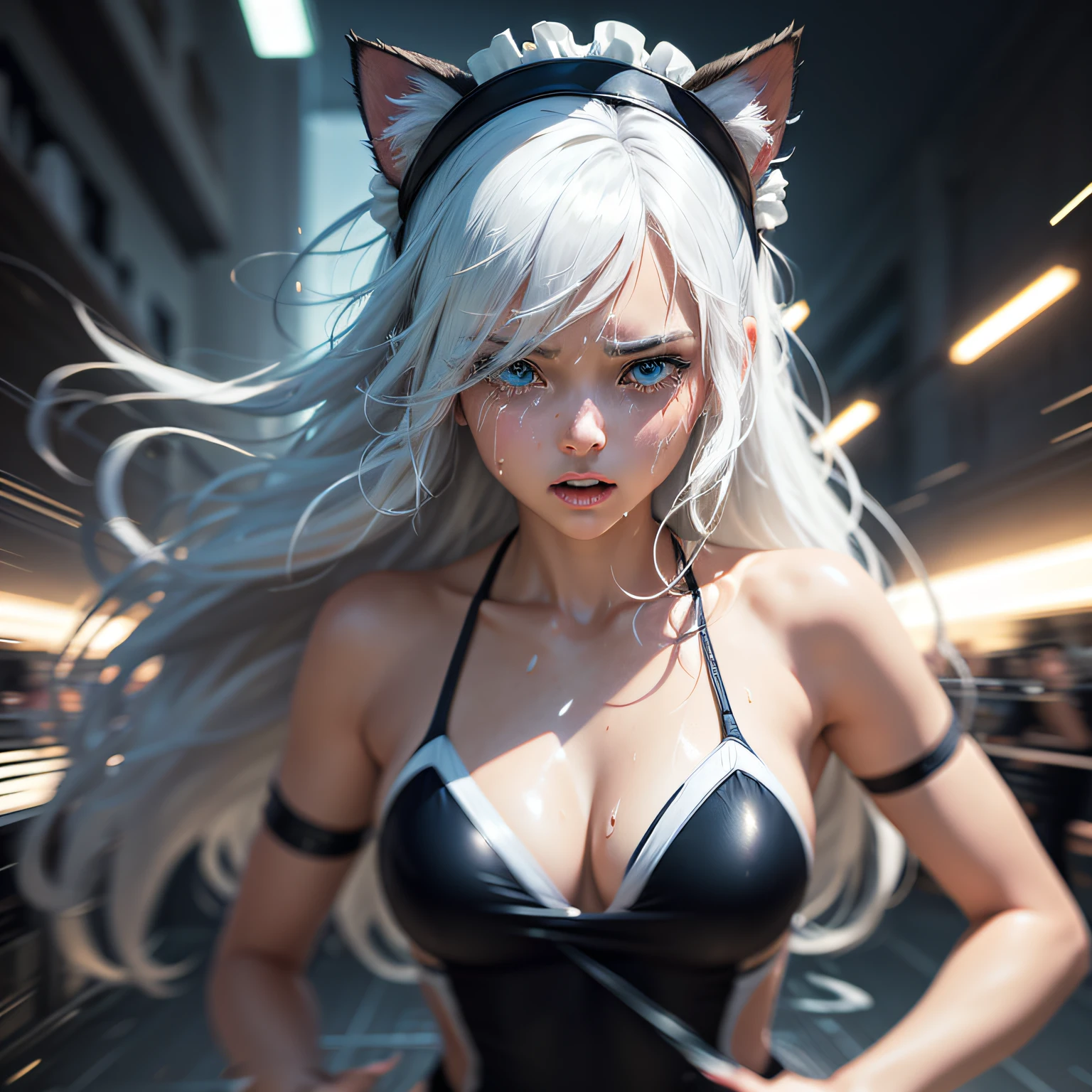 Beautuful Women,swimsuit
shy, drunk, cat ears, tears, aqua eyes, maid headdress, white hair, ahoge, messy hair, Expressionism, Action painting, Social realism, Conceptual art, cinematic lighting, blending, sparkle, motion blur, stereogram, UHD, textured skin, super detail --auto
