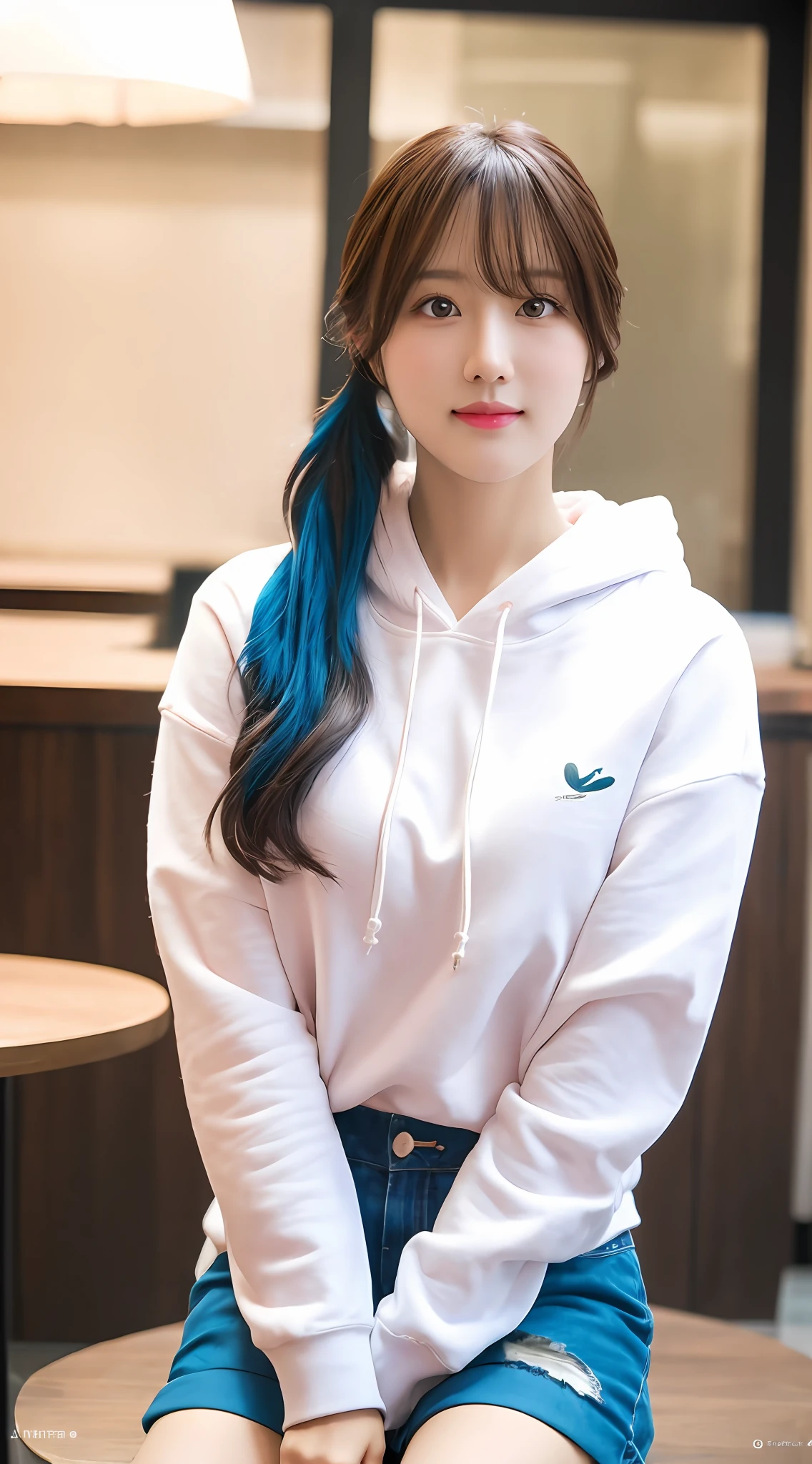 (8K, RAW photo, Best quality, tmasterpiece), (Realistic, photo-realistic:1.2), Ultra detailed, 1 girl, Cute, Solo, Beautiful detailed sky, Detailed Cafe, Night, Sitting, dated, Dosage blush, Closed mouth,美丽细致的眼睛,Wear a white hoodie,White dolphin shorts,Medium build,floated hair,Pick and dye long blue hair,Girl,Feminine,a pink eyes,Ultra-fine details,Complex scenes,ambient lights,softlighting,ellegance,Symmetrical facial features,Accurate anatomy,Anatomically correct girl,scenecy,gossamer,aethereal,full bodyesbian,pony tails,gentleness,balmy,akechi,huge tit,