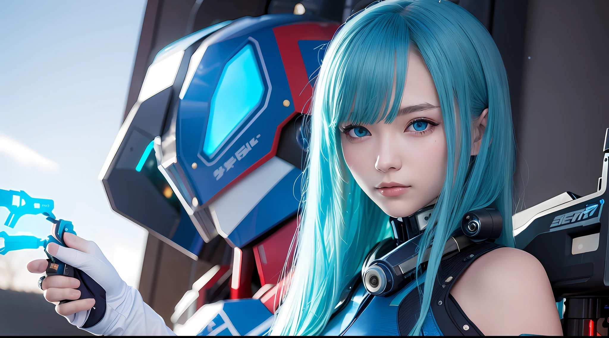 ((top-quality)), ((masterpiece)), (detaileds),1girl, (详细的脸), (detailedeyes), mecha-armored,Sky Blue Suit,((full bodyesbian))),wall-paper,blue fire,gear,masks, Have a big gun,cyber punk Girl, (beautiful countenance),middlebreast,ArtStation, bright blue-green eyes, blue hairs, lovely pose,gloves,