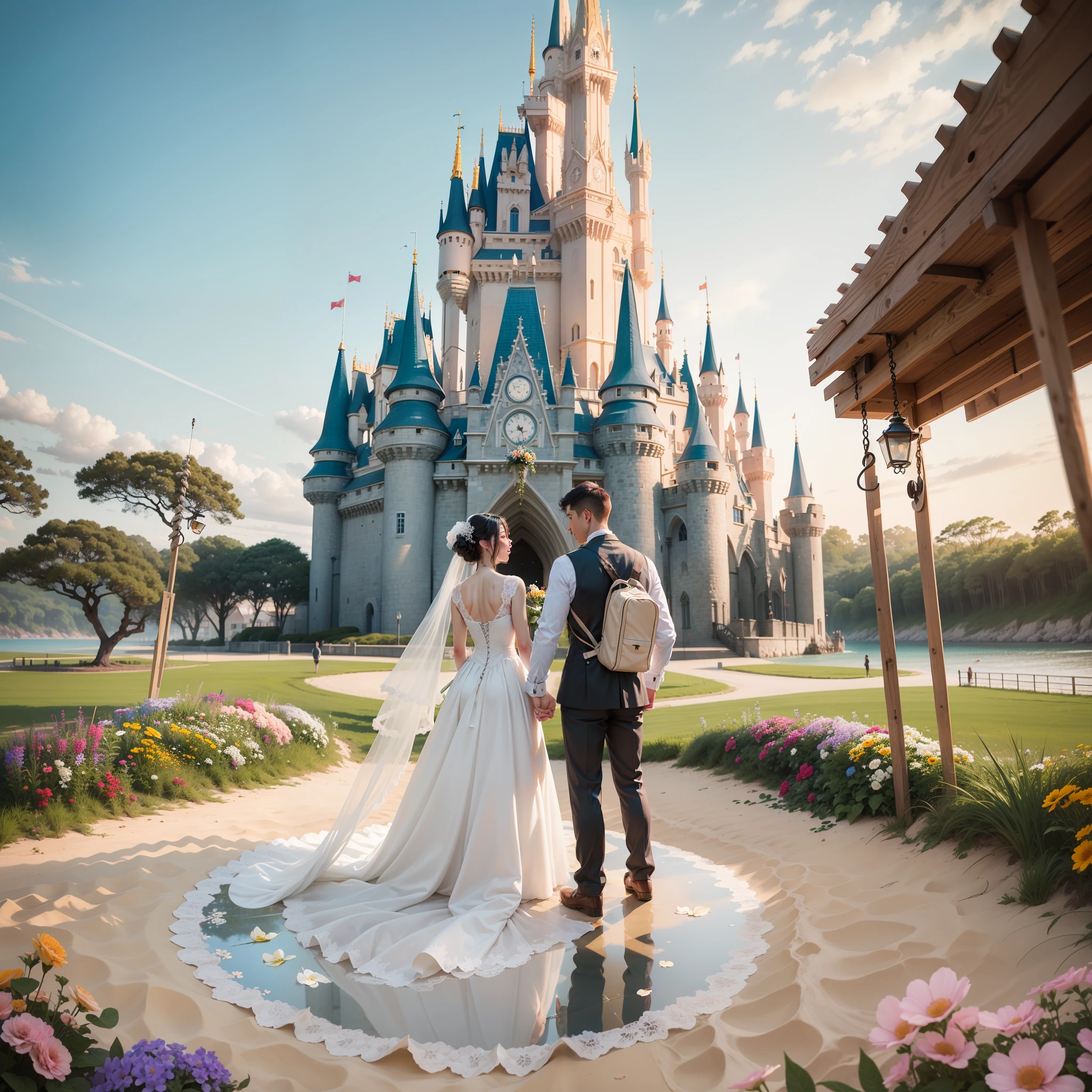 On the beach for the wedding,The figure of Disney Castle is reflected in the sky from a distance,You guys are gently rocking on the swing,Roadside flowers give off a sweet fragrance,The gentle sun shines on your faces。
