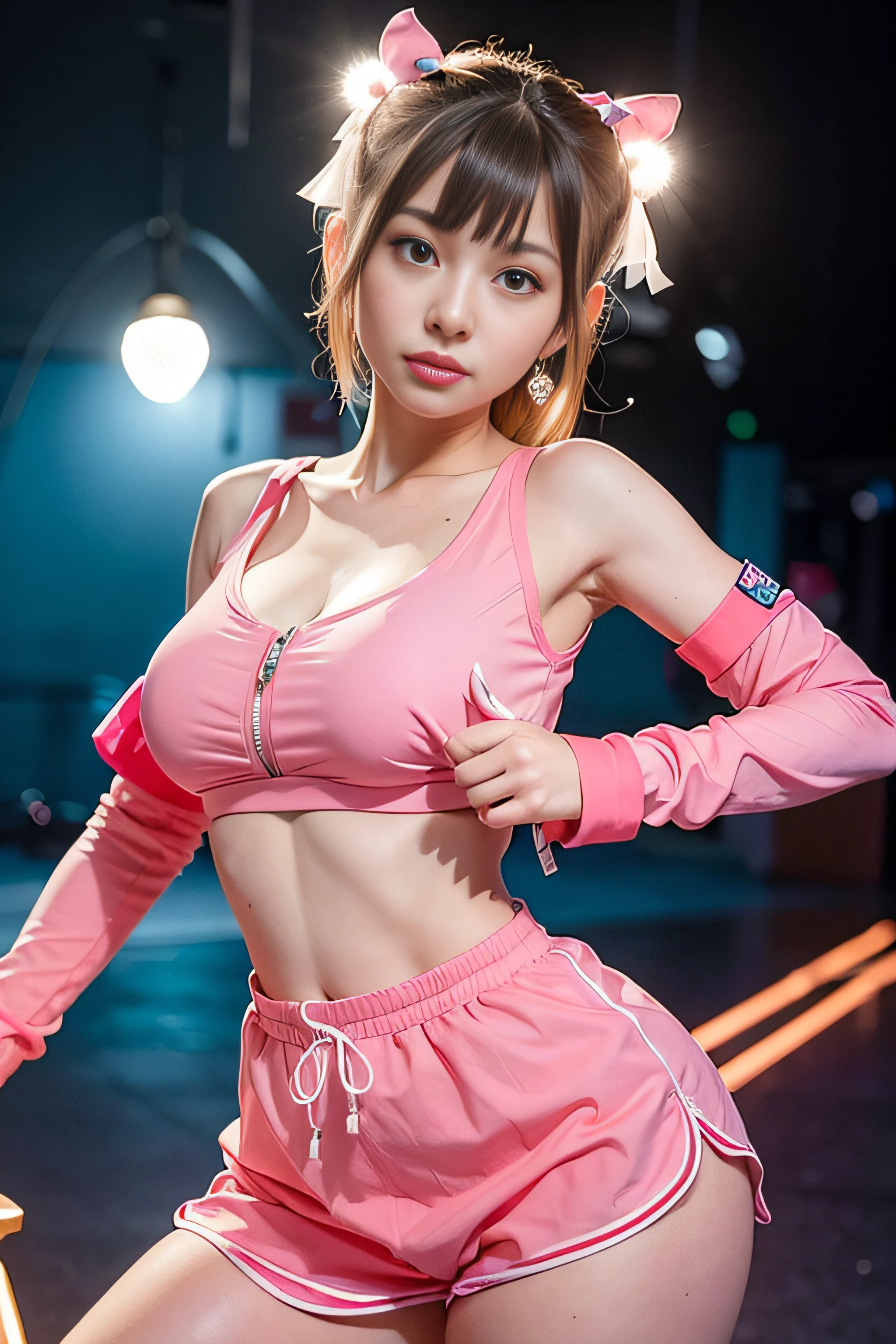 A woman in a pink costume is taking a picture, trending at cgstation, Belle Delphine, Pink body, Trending on CGSTATION, ((Pink)), Ayaka Cosplay, ig model | ArtGerm, some pink, smooth pink skin, sport bra and shirt, wearing two - piece swimsuit, Anime girl cosplay, captured on canon eos r 6