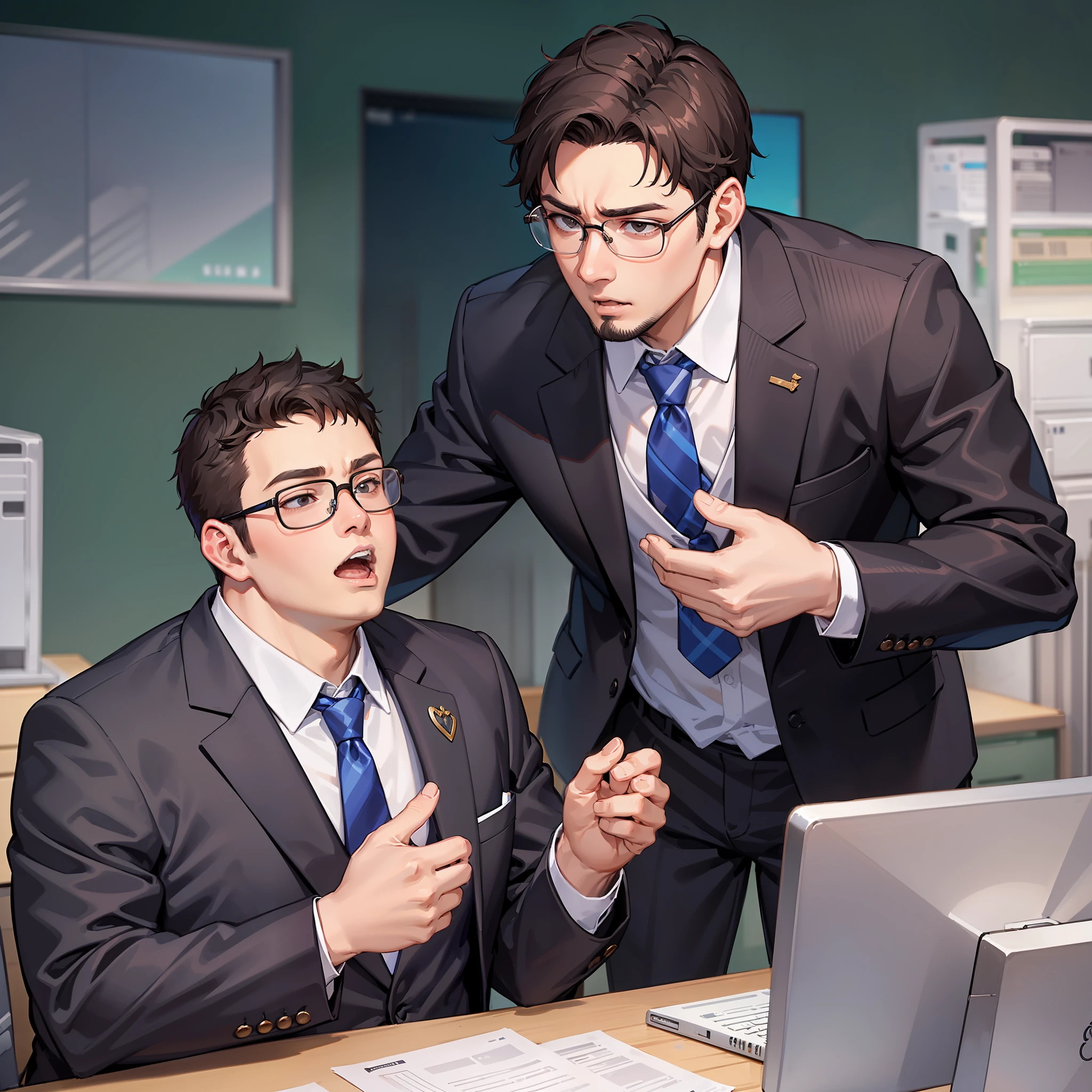 (A thin young man wearing glasses and a suit points to a fat young man wearing a suit and scolds him)
(In the office)