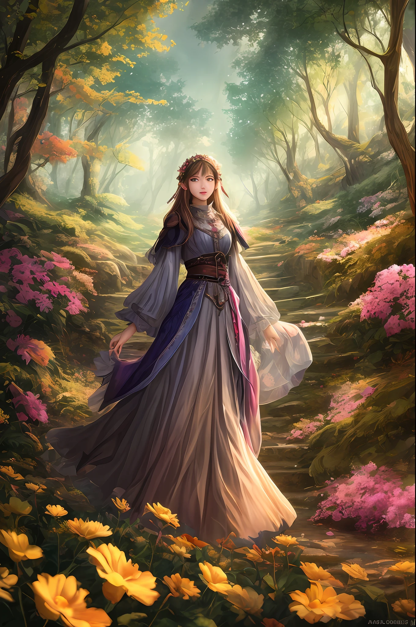 tmasterpiece，Best quality at best，high high quality，the Extremely Detailed CG Unity 8K Wallpapers，An enchanting and dreamy scene of a fantasy forest，towering trees，Glowing mushrooms and hidden fairy canyons，1 female，19years old，Dressed in elven costumes，The cute expression creates a feeling of mystery and charm，artstation，digital illustrations，复杂，Uptrend，pastel colour，oil painted，award winning photography，bokeh，depth of fields，HDR，blooms，color difference，真实感，The is very detailed，Artstation trends，CGSociety trends，复杂，high detal，dramatics，Midjourney Art