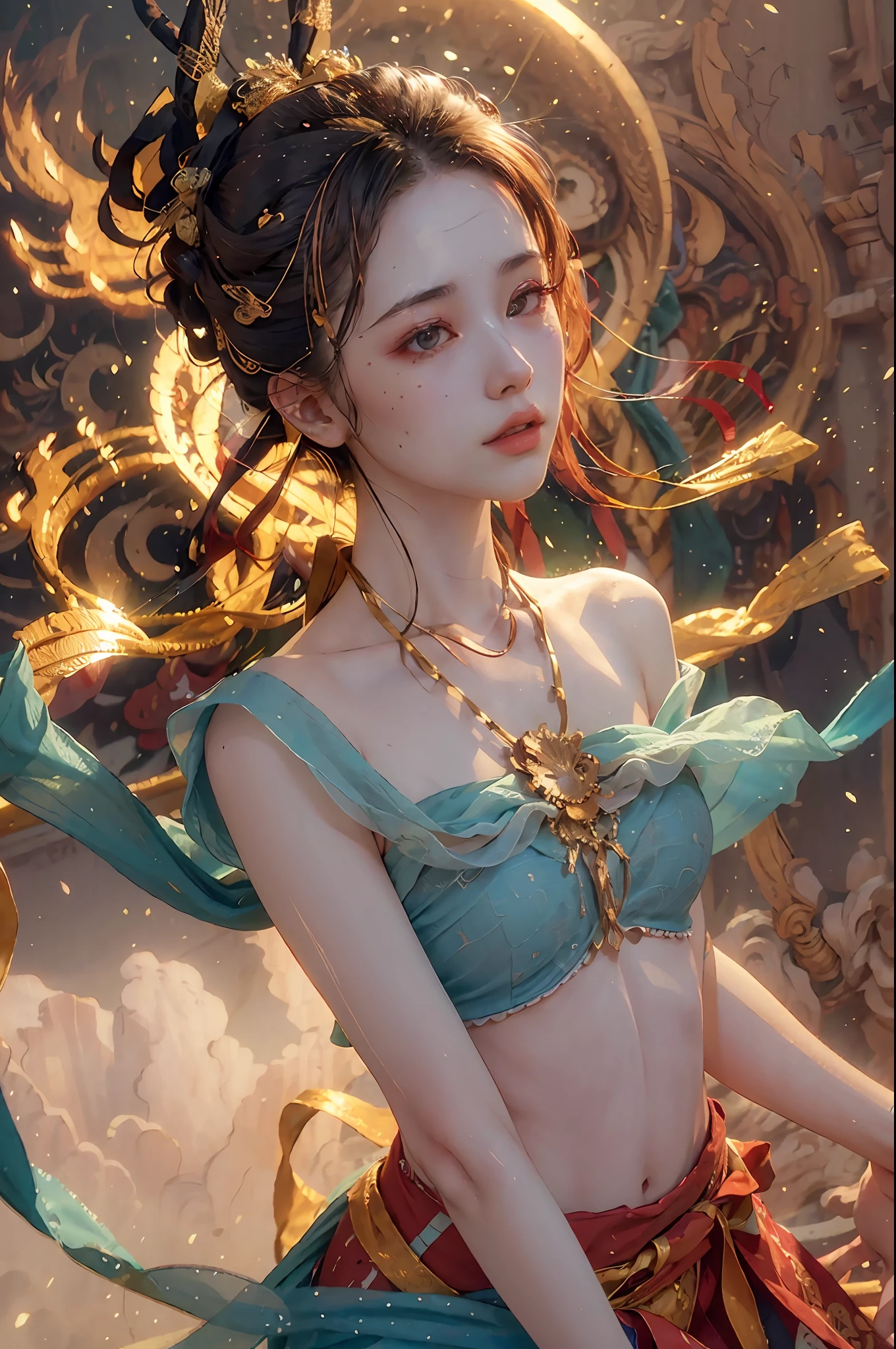 (RAW photo, best quality), (realistic, photo-realistic:1.3),best quality,highly detailed,masterpiece,ultra-detailed,illustration,1girl,upper_body,dynamic angle,world masterpiece theater,messy_long_hair,best quality,extremely detailed CG unity 8k wallpaper,ink,Amazing,cinematic lighting,lens_flare,,dunhuang_style