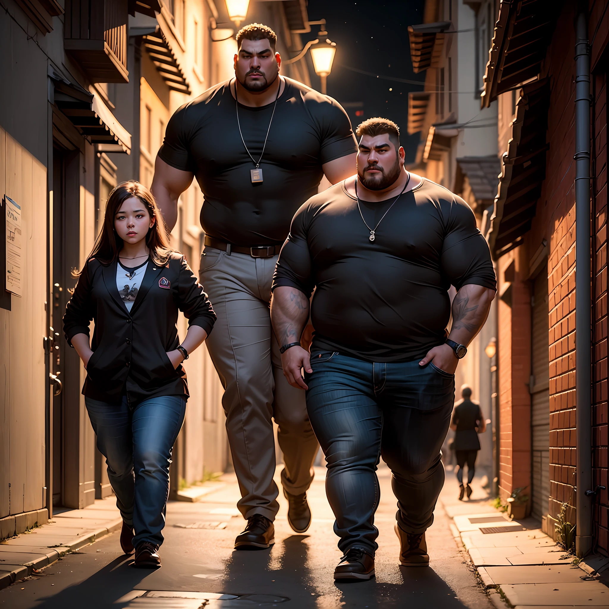 In an alley at night there was a young girl and two big men --auto
