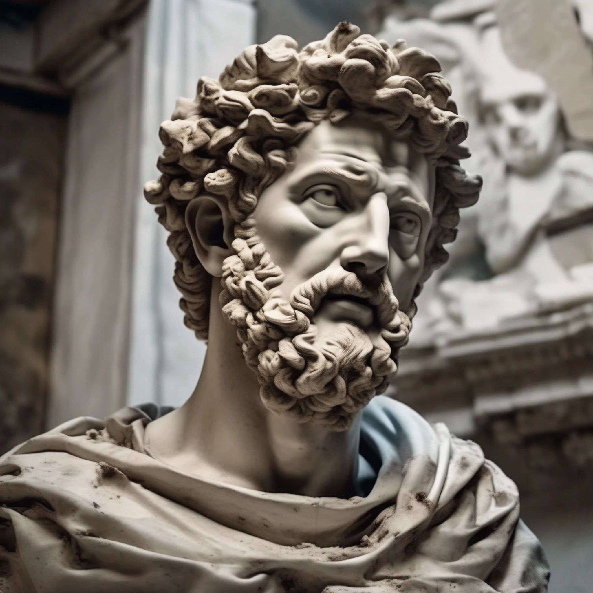 monumento, (Head Close-up), Epic dinner of Marcus Aurelius, in a destroyed place, cinematografia, epic light and shadow, muito contraste, fotografia profissional estilo Michelangelo