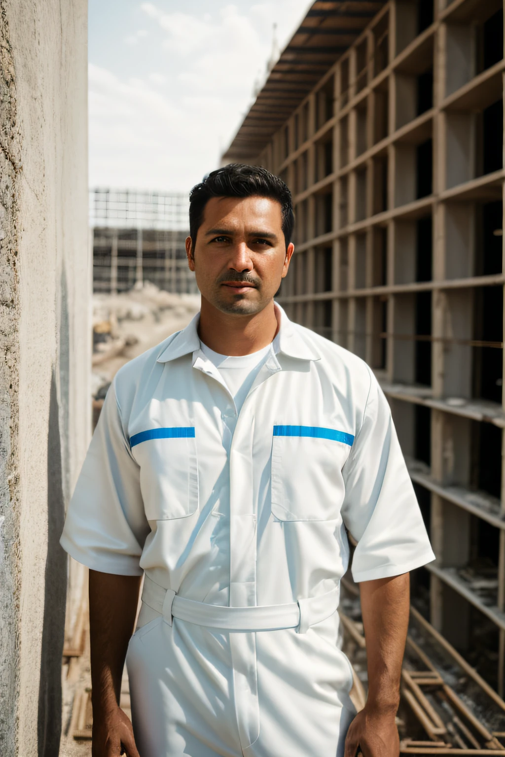 (RAW photo), a portrait photo of 35 y.o man, white jumpsuit , standing in construction site, natural skin, 8k uhd, high quality, film grain, Fujifilm XT3