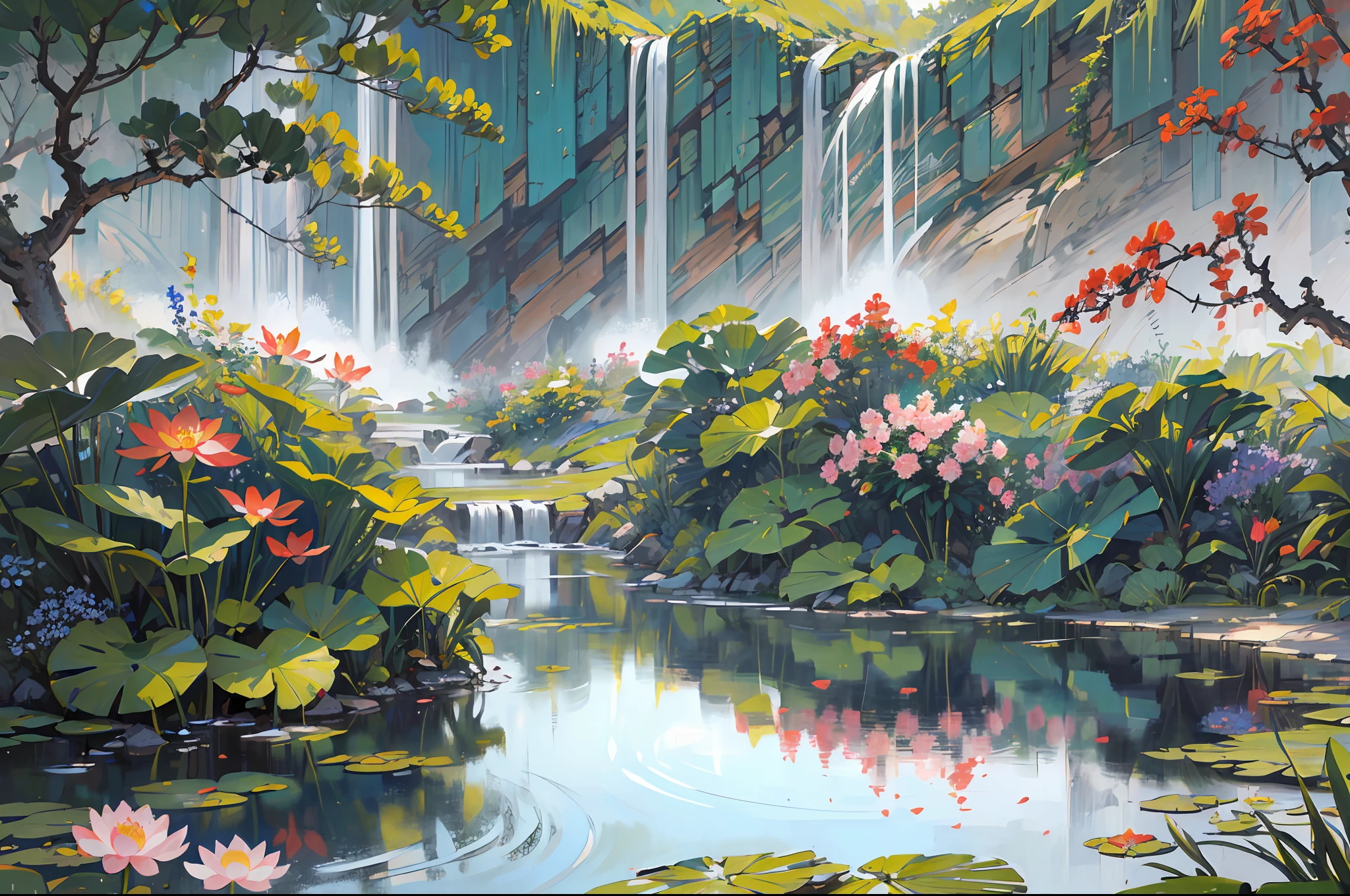 ((Best quality, masterpiece: 1.2)), CG, 8K, intricate details, cinematic perspective, (no one around), (Ancient Chinese garden), pond filled with lotus flowers, rocks, flowers, bamboo forests, waterfalls, wooded areas, small bridges spanning babbling streams, detailed foliage and flowers, (sunlight shining, sparkling waves), peaceful and serene atmosphere, ((soft and elegant colors)), ((exquisitely crafted composition))