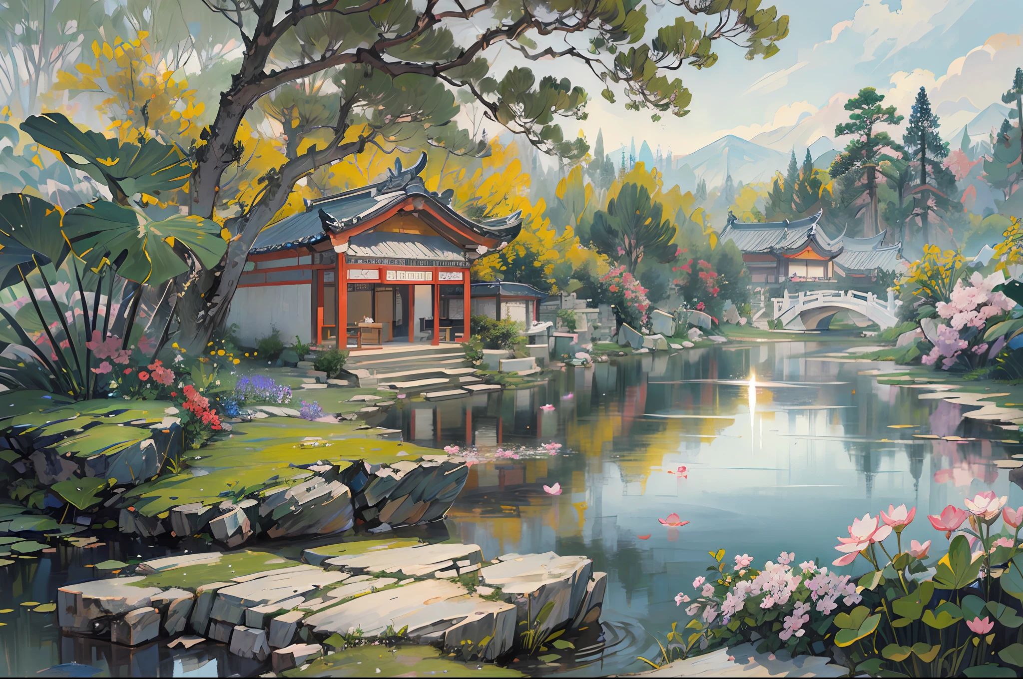 ((Best quality, masterpiece: 1.2)), CG, 8K, intricate details, cinematic perspective, (no one around), (Ancient Chinese garden), pond filled with lotus flowers, rocks, flowers, bamboo forests, waterfalls, wooded areas, small bridges spanning babbling streams, detailed foliage and flowers, (sunlight shining, sparkling waves), peaceful and serene atmosphere, ((soft and elegant colors)), ((exquisitely crafted composition))
