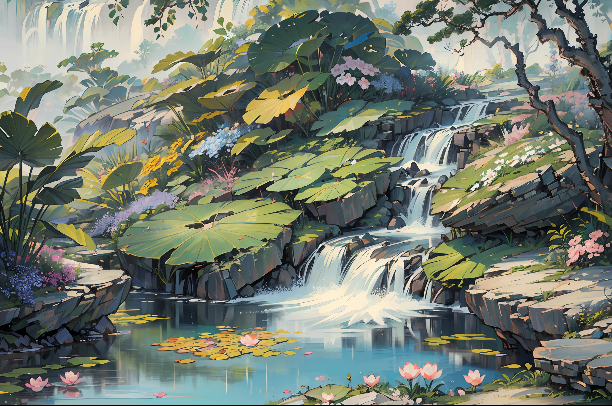 ((Best quality, masterpiece: 1.2)), CG, 8K, intricate details, cinematic perspective, (no one around), (Ancient Chinese garden), pond filled with lotus flowers, rocks, flowers, bamboo forests, waterfalls, wooded areas, small bridges spanning babbling streams, detailed foliage and flowers, (sunlight shining, sparkling waves), peaceful and serene atmosphere, ((soft and elegant colors)), ((exquisitely crafted composition))