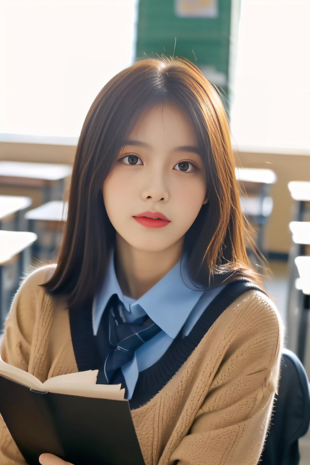 (Best image quality, fine details, silhouette beauty, natural light, warm and soft atmosphere, book scent) In bright light, beautiful woman in school uniform (double eyelids) in the classroom, looking directly at the camera.