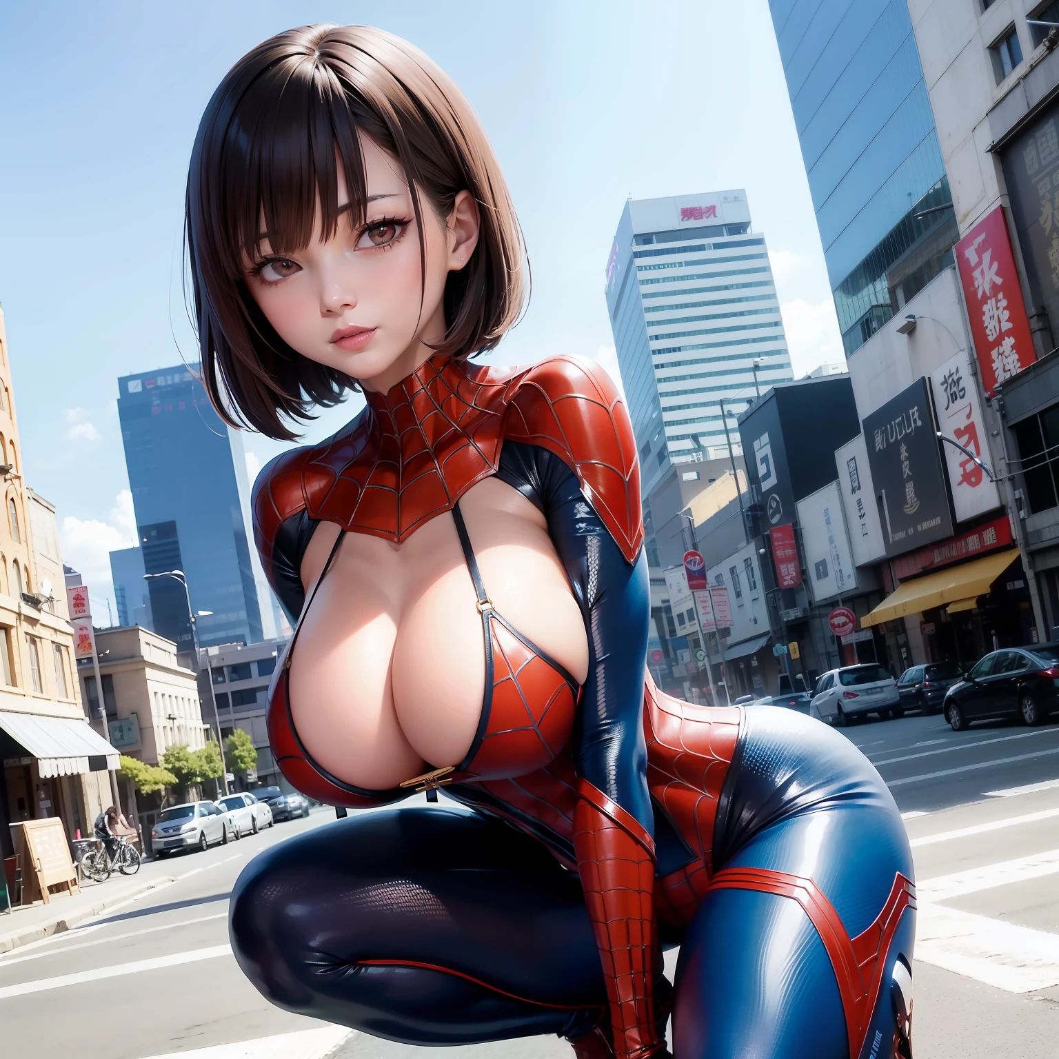 Beautiful woman detailed defined body using spider man cosplay,Large breasts,ssmile,exquisite facial features,short detailed hair,Squat on the roof of a tall building,best qualtiy,tmasterpiece,Need,full bodyesbian,1girll,brunette color hair,tightsuit,Blushlush,bangle,beauty breast,choker necklace,Cornics,鎖骨,超高分辨率,(真实感:1.4),RAW photogr,deep shading,low tune,cold light --auto