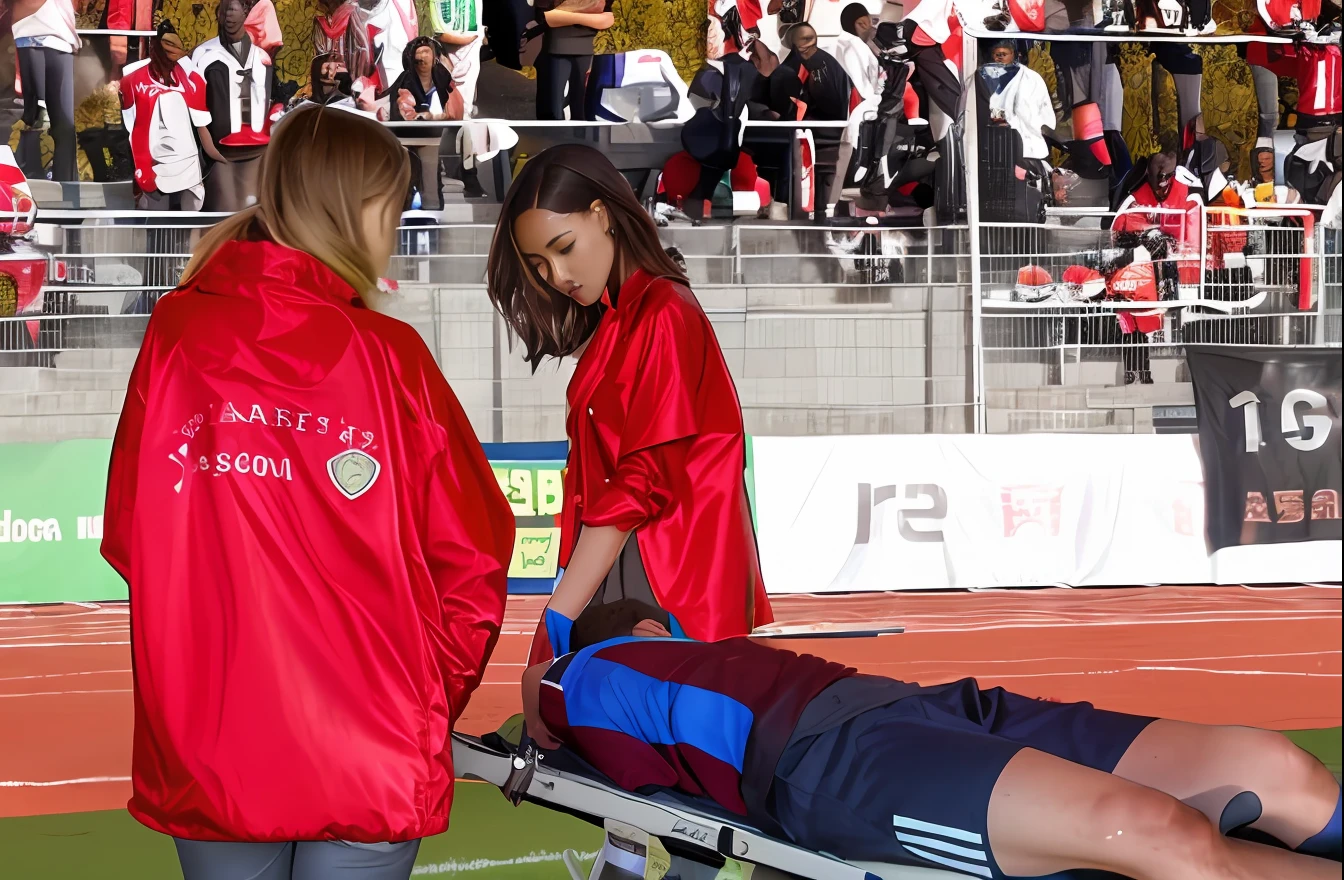 soccer, sports injury, theatralic erotic action, intense eritoc scene, erotic pose, a love scene, passionate loving action, erotic, an injured soccer-boy in matte cotton sportswear is rearing up in pain on a stretcher, an injured soccer-boy in matte cotton sportswear is rearing up in pain on a stretcher that is carried by his looking girlfriend, there is an attractive and laszive girl in a deep black high-shine biker-jacket, a terrified but attractive girl is evacuating her injured soccer-boyfriend from a soccer field, an injured soccer-boy in matte cotton sportswear is rearing up in pain on a stretcher while he is evacuated from the field of play by his very attractive girlfriend, an injured soccer-boy is crying in pain, an attractive girl in a wet deep black shiny plastic-jacket is giving first aid, dramatic action scene, first aid, injury, pain, agony, helping woman, woman carrying a man, an attractive african girl in a black shiny biker- jacket, an attractive african girl in a wetlook shiny patent-leather-biker-jacket with lipstick and madeup smokey eyes, a consciousless german boy in a cotton shirt and a matte jeans, an attractive african girl with lots of makeup in a very shiny wet black biker-jacket, an attractive african girl is wearing a shiny bikerjacket, an attractive african girl with smokey eyes, an attractive madeup girl in shiny leather with lipstick, an attractiveafrican girl is carrying a german boy in her arms, a matte clothed injured boy, a shorthaired boy with cotton t-shirt, a shorthaired boy needs to be carried while wearing matte sportswear