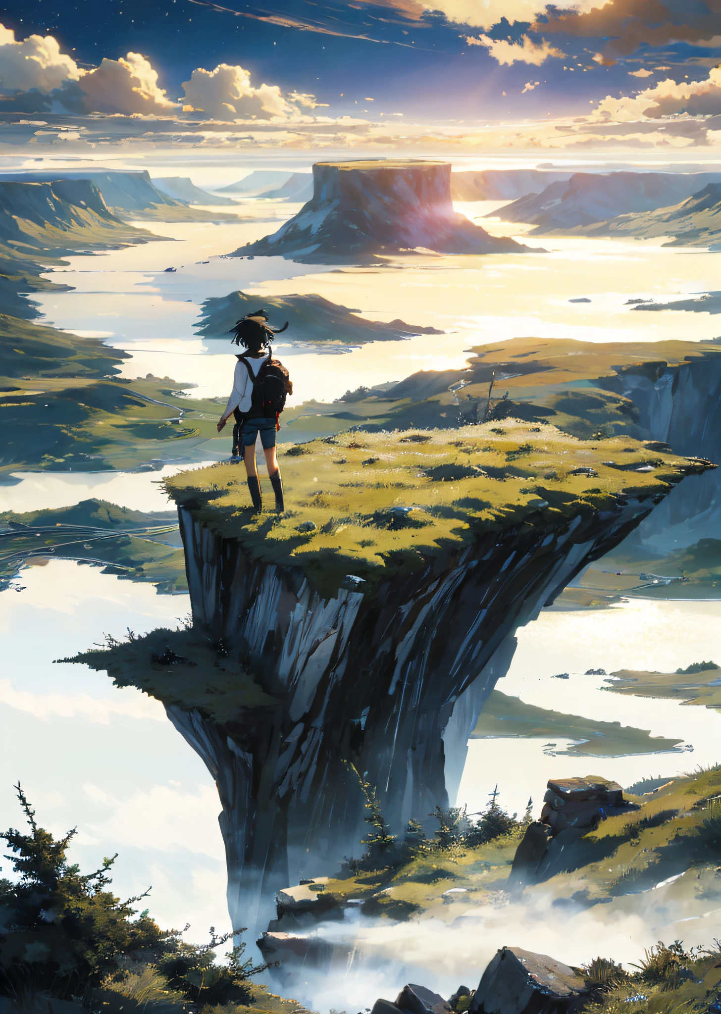 ((((Masterpiece))), best quality, super detailed, extremely detailed CG Unity 8k wallpaper, breathtaking, full of tension and drama, stunning visuals, majestic sky and skyline, vast expanse of grassland, high shining North Star, colorful natural light. [(1girl), back view, wearing a long-sleeved shirt and denim shorts, carrying a backpack, dynamic and lively, overlooking the vast nature ahead:]