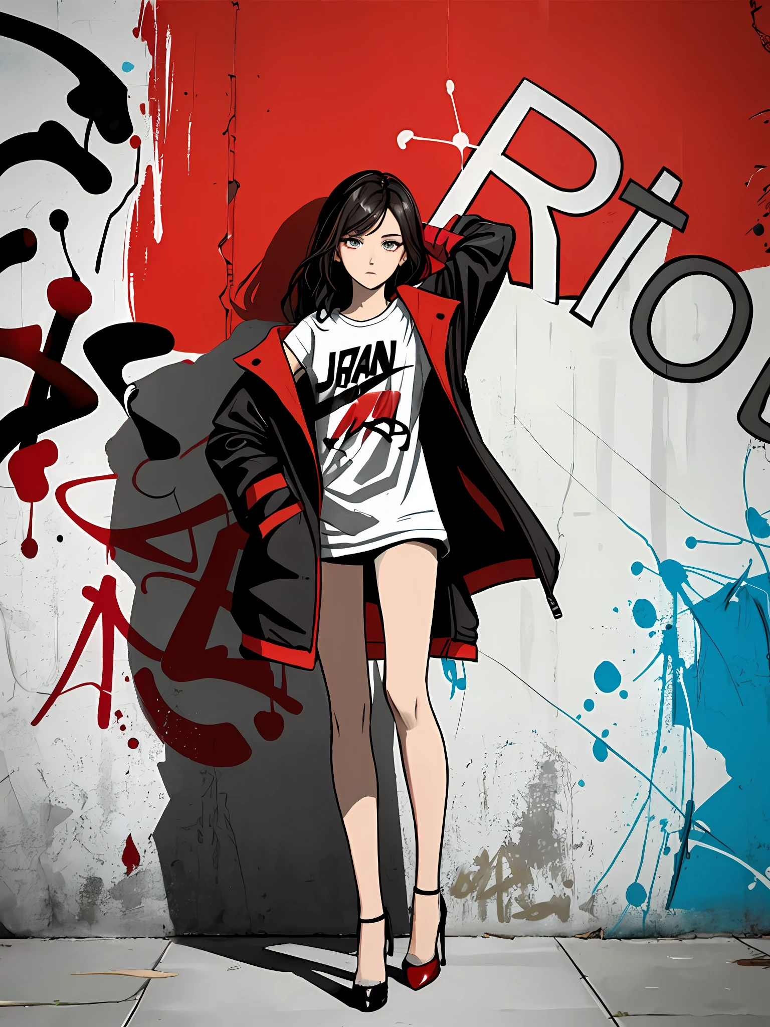 1girl in、独奏、A dark-haired、verd s eyes、armpit length hair、tshirts、Open jacket、JINS、graffiti sprayed wall、Full body portrait、Lunette de soleil、high-heels、((graffiti art))、Red wall background、Insane details、intricate detailes、Ultra Detail、Low contrast、Soft Cinematic Lights、spray can