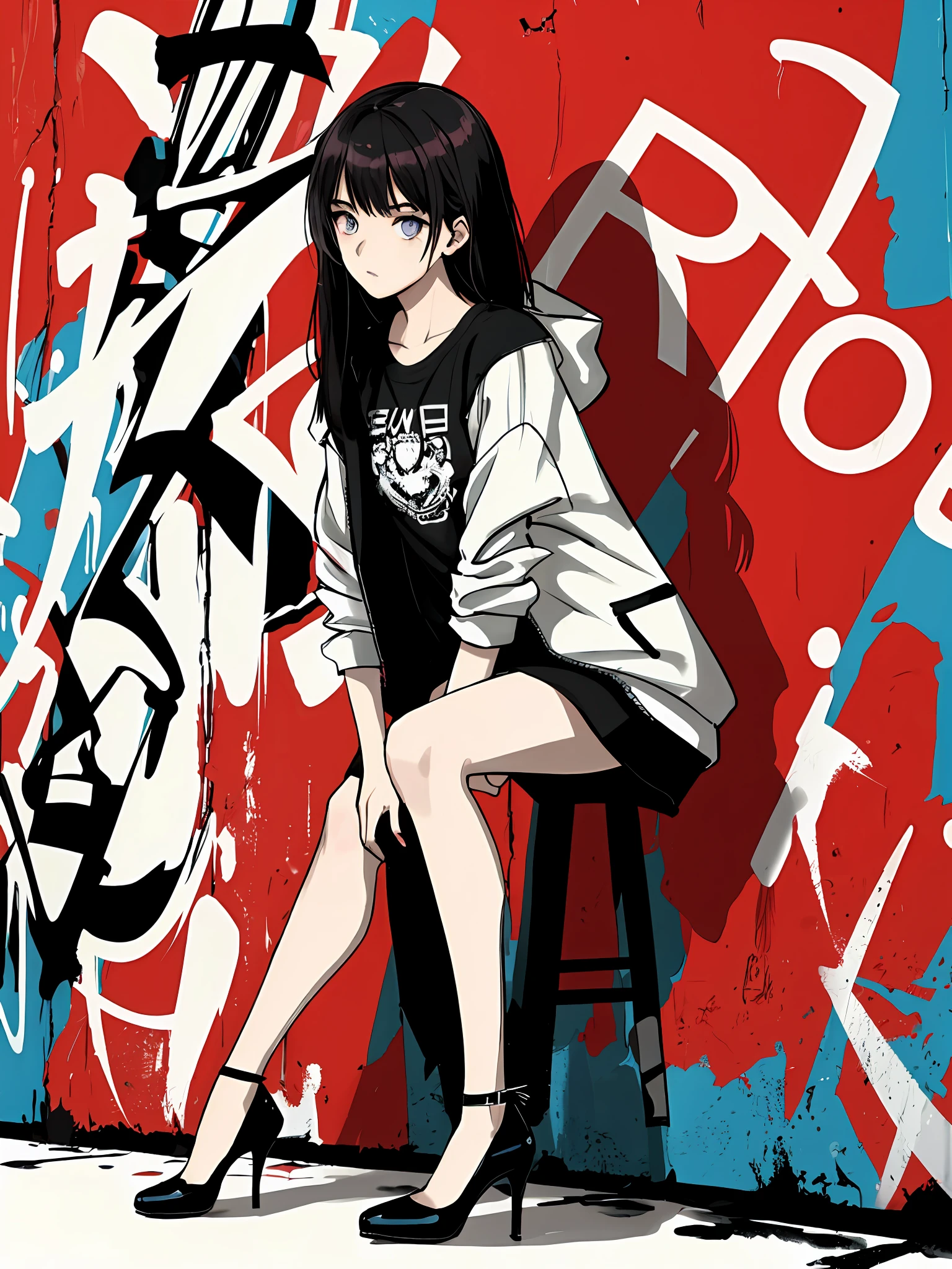 1girl in、独奏、A dark-haired、verd s eyes、armpit length hair、tshirts、Open jacket、JINS、graffiti sprayed wall、Full body portrait、Lunette de soleil、high-heels、((graffiti art))、Red wall background、Insane details、intricate detailes、Ultra Detail、Low contrast、Soft Cinematic Lights、spray can