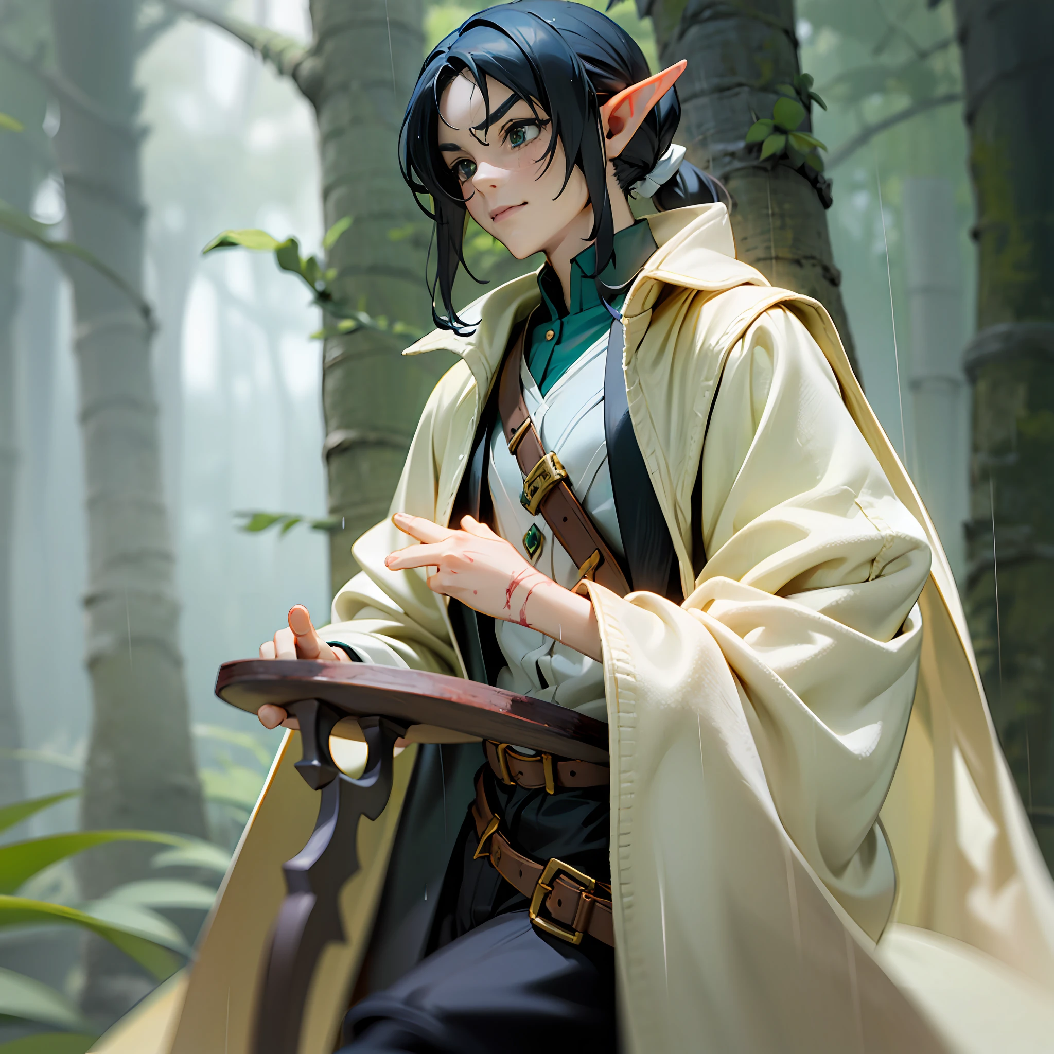 man elf, (((1man))), in full height, masculine, masculine face, elongated face, attractive, masterpiece, detailized, green eyes, black long hair, black hair, low ponytail hair, Hair flutters,White Skin, pale skin, elf ears, white shirt, Wide brown strap, black cape, The top buttons are unbuttoned, wide sleeves, Scars on the face, scars, looking forward, black pants, high boots, boots, archery, (the night), dark woods, ((rain)), ((dark background)), wood, tall trees, dark elf