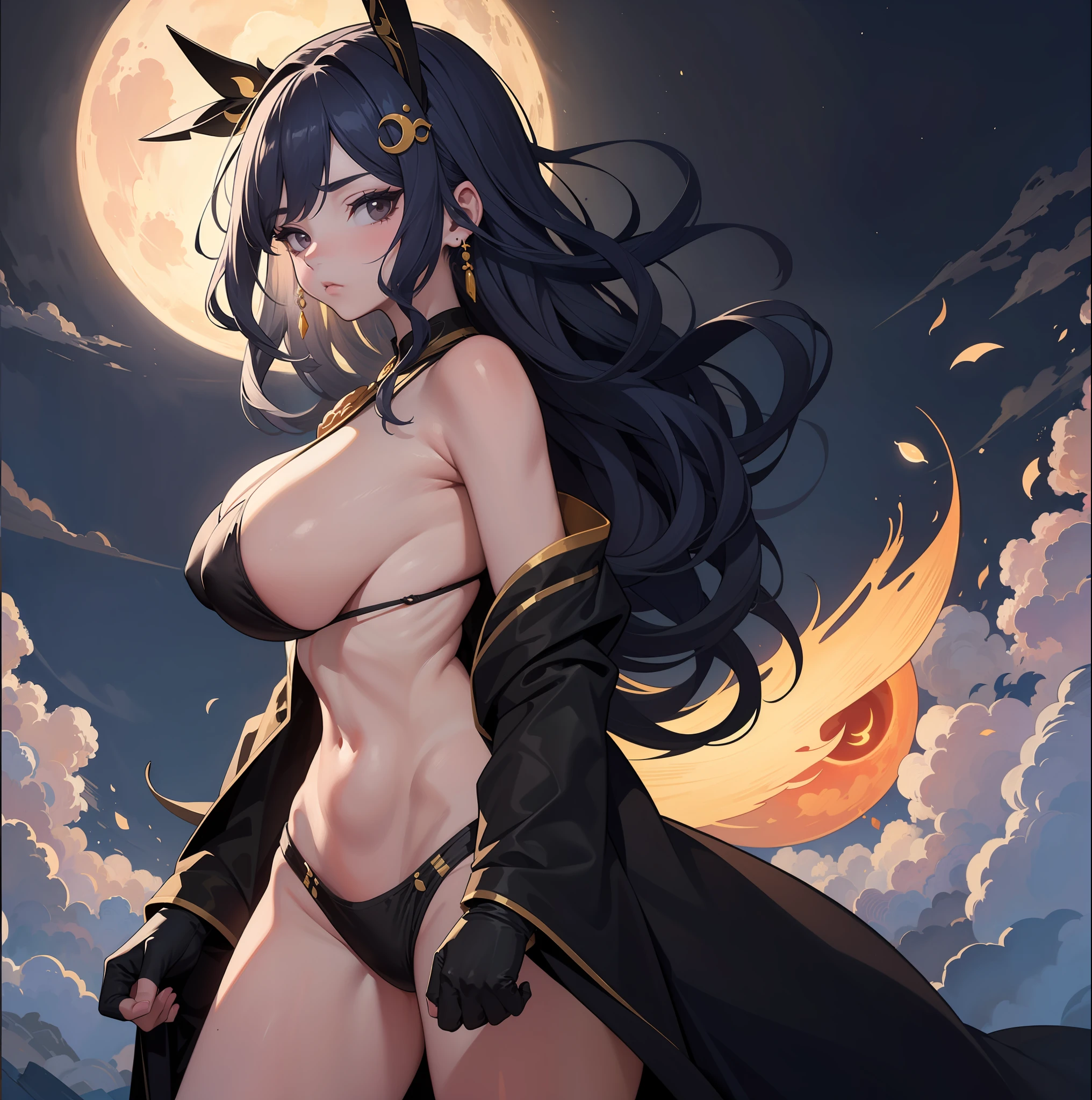 Master works, masterpieces, high quality, extreme detail, classical beauty, (1 female, 25 years-old, huge oppai), ((black long hair)), standing, ((Hands hidden in sleeves)), (pure white loose Taoist robes) (bikini: 1.4), ((delicate face)), (best details)), ((black eyes)), (golden Taoist headdress), ((black gloves)), ((Clench fists)), (long Taoist socking)), sun, moon and star background, ambience, peach blossoms