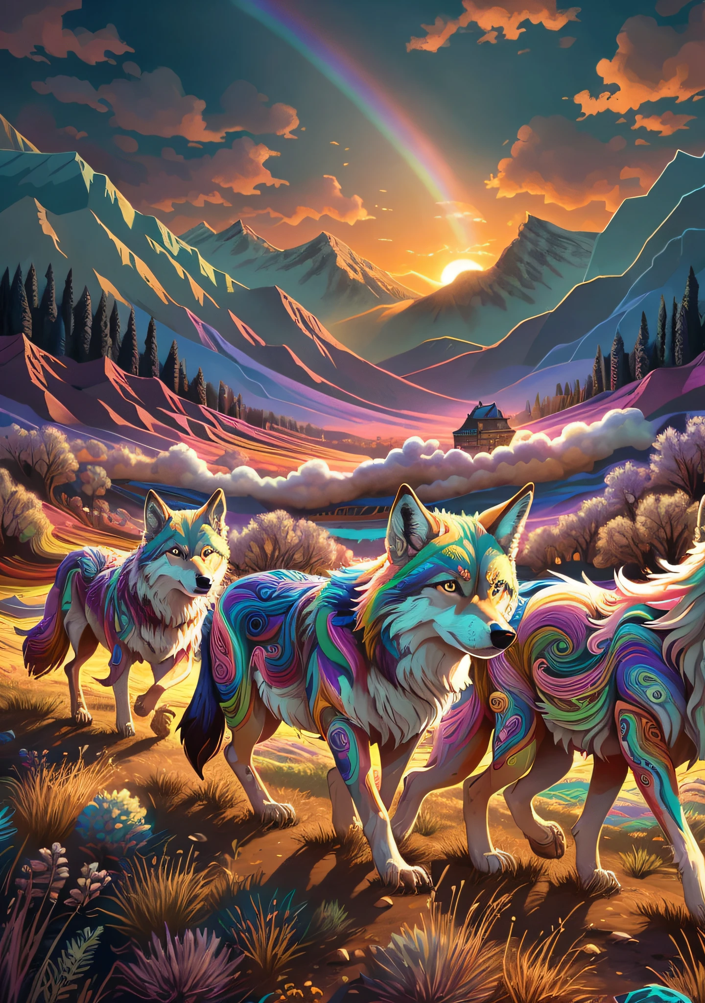 painting of three wolfs walking in a field with a rainbow in the background, jen bartel, highly detailed digital painting, fractal thunder dan mumford, extraordinary colorful landscape, psychedelic landscape, colorfull digital fantasy art, dan mumford and albert bierstadt, 4k highly detailed digital art, digital painting highly detailed, in the art style of dan mumford, colorful kitsune city