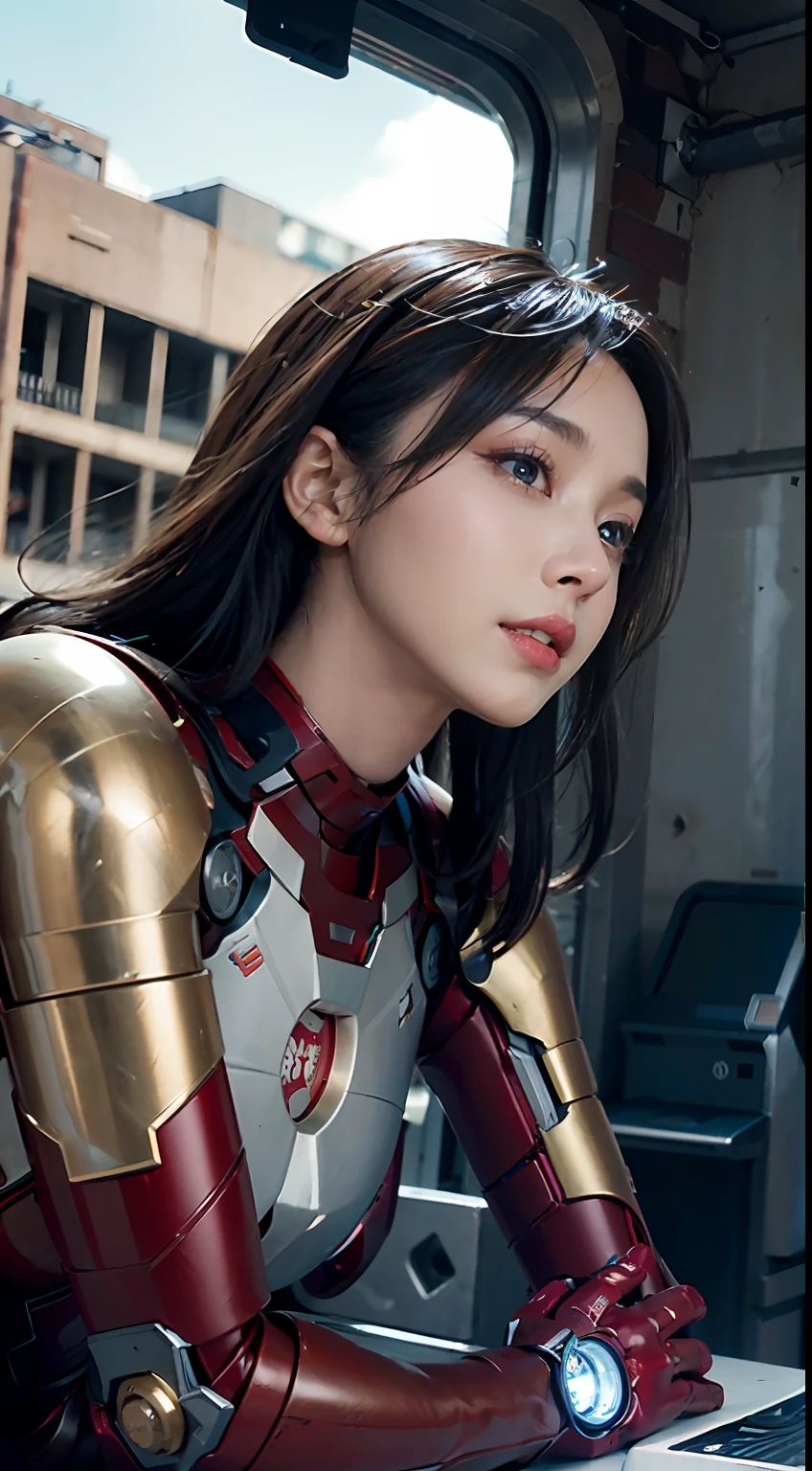 RAW, Masterpiece, Ultra Fine Photo,, Best Quality, Ultra High Resolution, Photorealistic, Sunlight, Full Body Portrait, Stunningly Beautiful,, Dynamic Poses, Delicate Face, Vibrant Eyes, (Side View) , she is wearing a futuristic Iron Man mech, red and gold color scheme, highly detailed abandoned warehouse background, detailed face, detailed and complex busy background, messy, gorgeous, milky white, high detailed skin, realistic skin details, visible pores , sharp focus, volumetric fog, 8k uhd, dslr camera, high quality, film grain, fair skin, photorealism, lomography, sprawling metropolis in futuristic dystopia, view from below, translucent