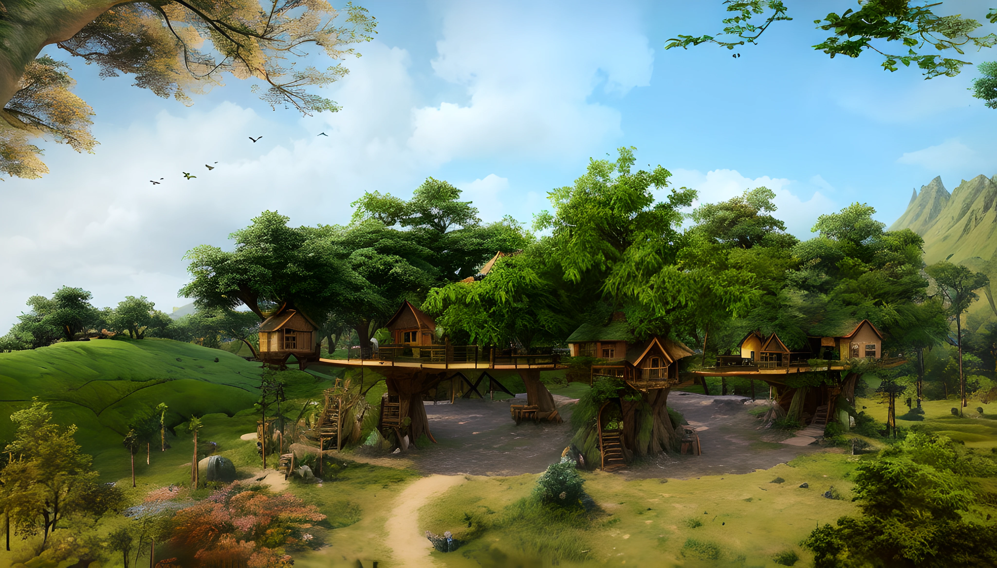 There is a small tree house in the middle of the meadow, hideen village in the forest, village in the woods, realistic fantasy rendering, 3 d render and matte painting, 3d rendered matte painting, made of tree and fantasy valley, fantasy town setting, green trees. Matte painting, orc village, fantasy forest environment, finalrender, fantasy render, pre-rendered