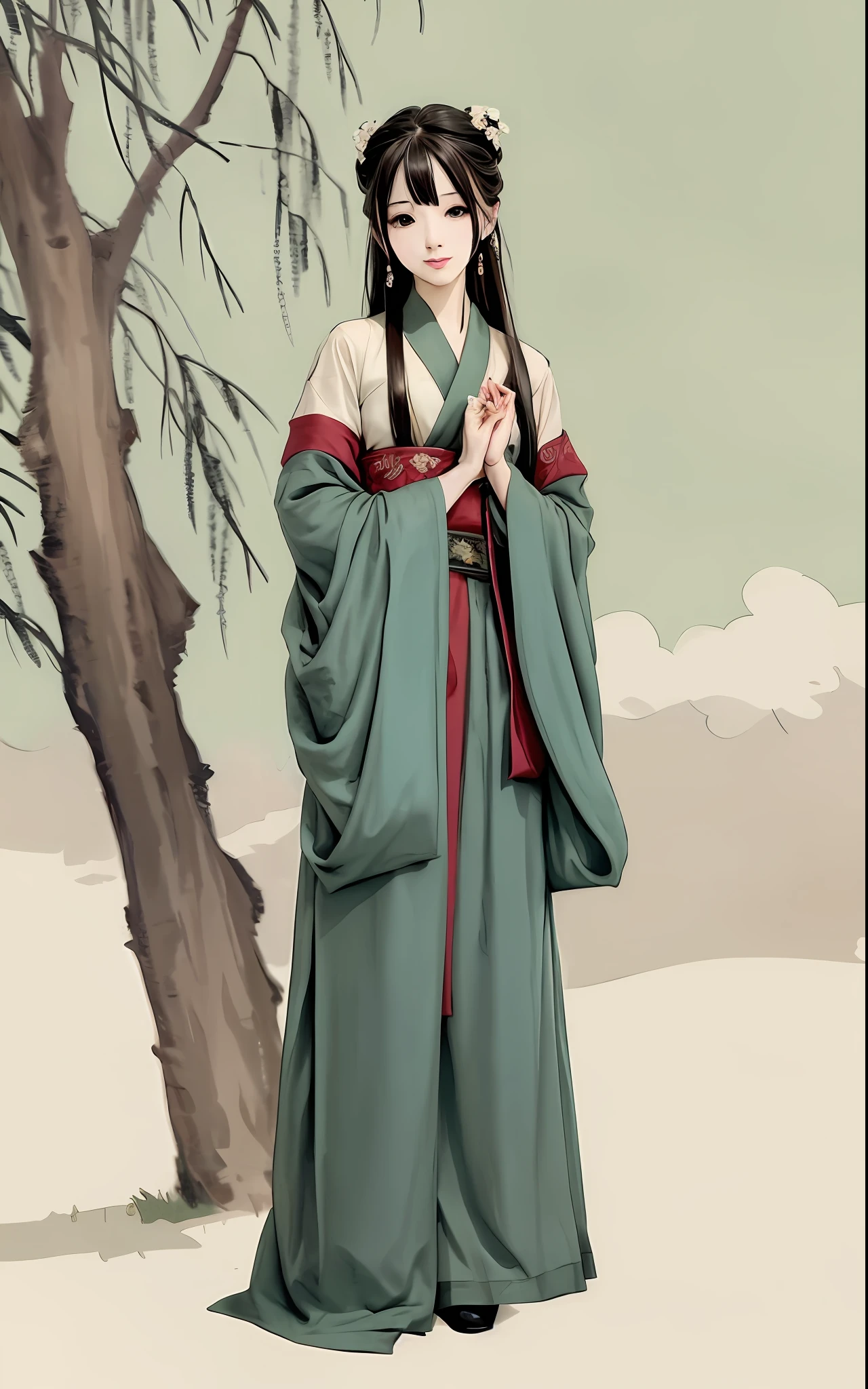 shukezouma, Negative space, , shuimobysim , Portrait of a woman standing , Willow branches, (Masterpiece, Best quality:1.2), Traditional Chinese Ink Painting, ModelShoot style, Peaceful, (Smile), view the viewer, wearing long hanfu, Hanfu, Song, Willow tree in background, wuchangshuo,Full body like,
