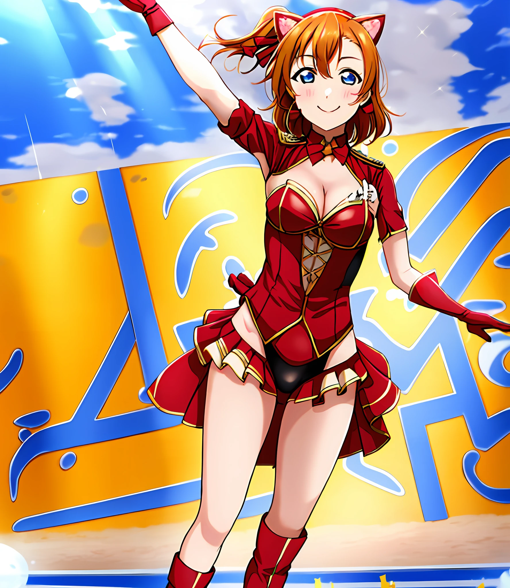 /draw kousaka honoka, masterpiece, best quality, superman custom, red gloves, red boots, Skin tight, Smile, leotard, Looking sleeves, Cat ears, fake animal ear, closed mouth, Big breasts, cleavage,thicc, wedgie,ass, sexy,solo